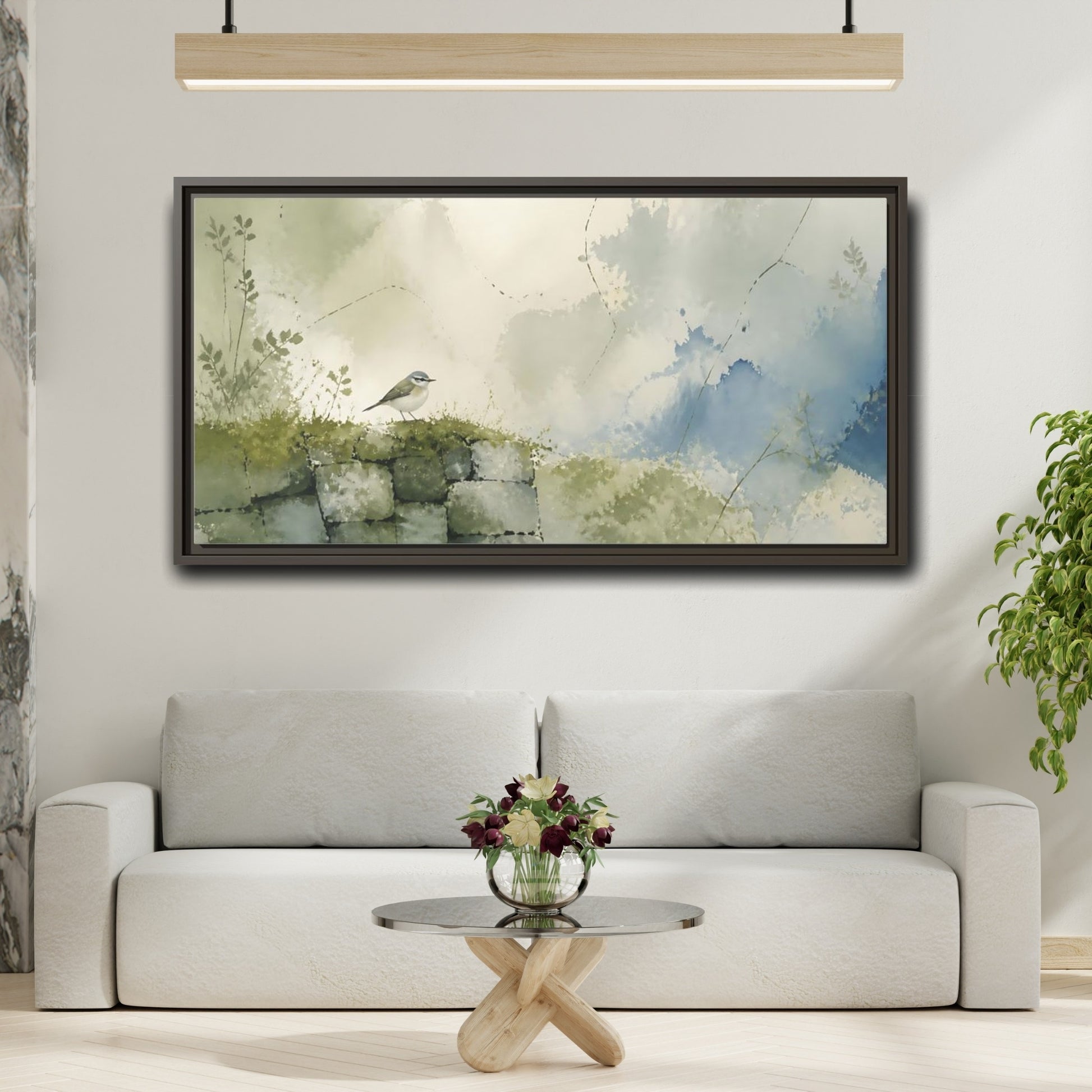 Mockup 2. Songbird On Mossy Wall shown as framed canvas print