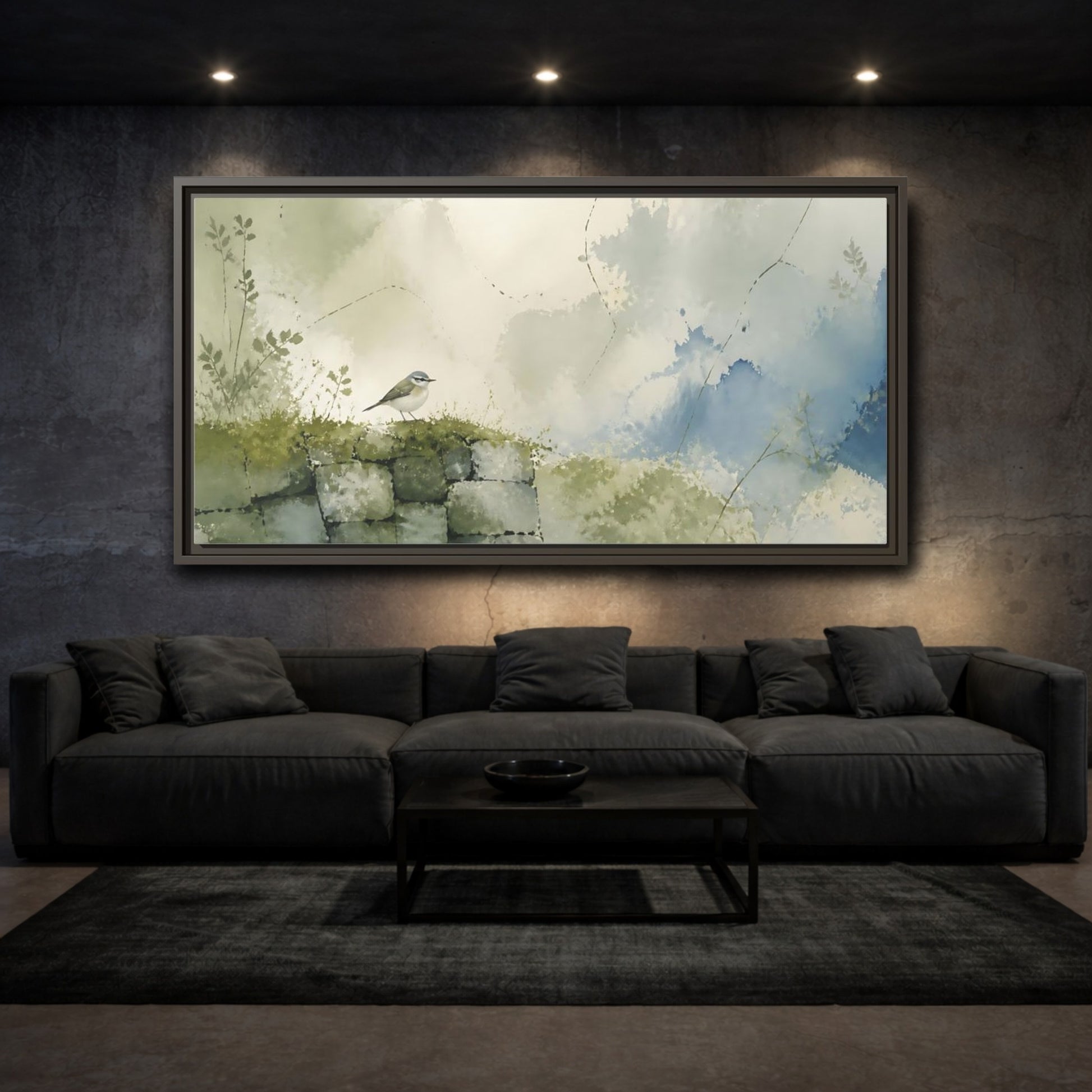 Mockup 3. Songbird On Mossy Wall shown as framed canvas print