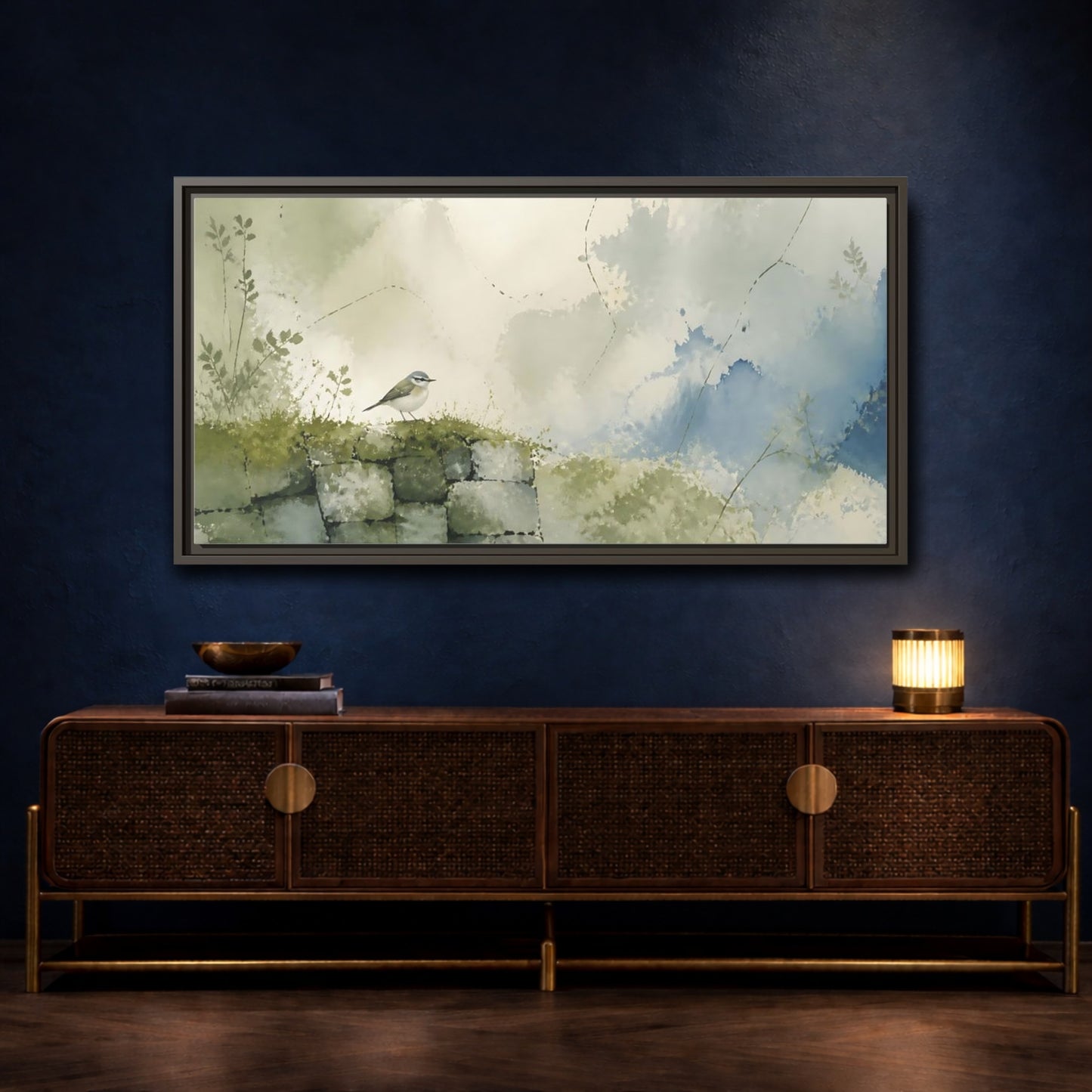 Mockup 4. Songbird On Mossy Wall shown as framed canvas print