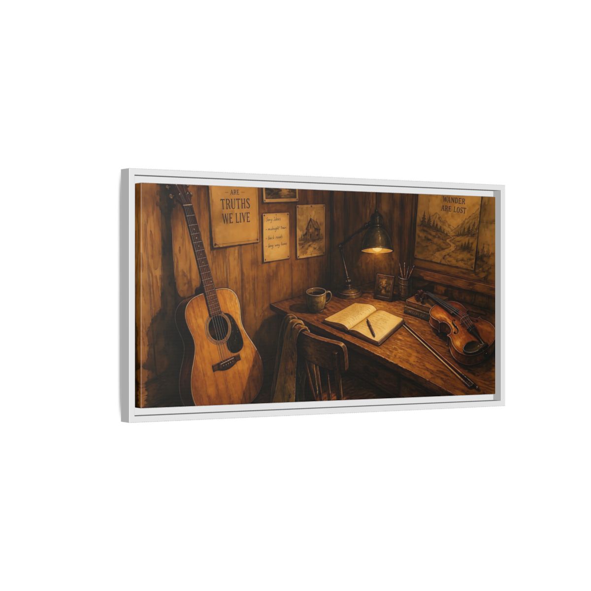 Side Mockup 1. Songwriter's Cozy Corner shown as framed canvas print