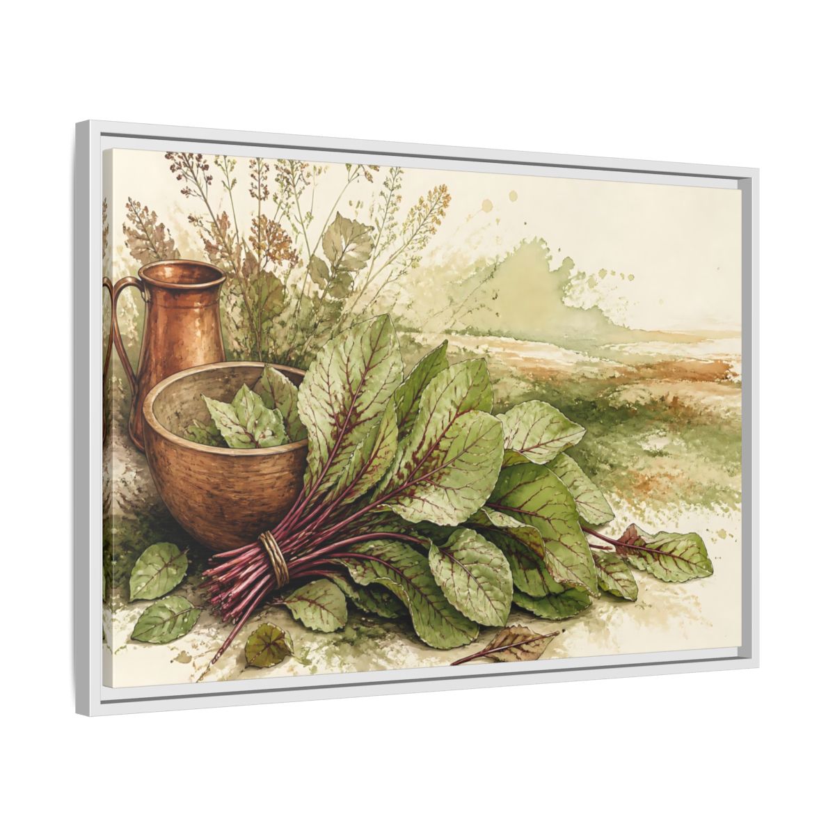 Side Mockup 10. Sorrel Leaves With Copper Bowl shown as framed canvas print