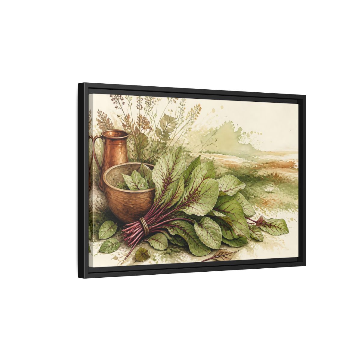 Side Mockup 3. Sorrel Leaves With Copper Bowl shown as framed canvas print