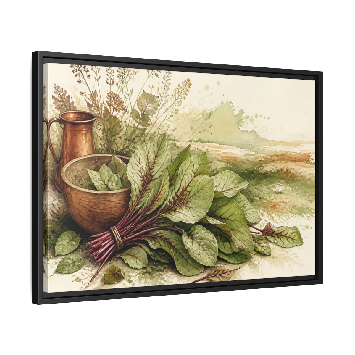 Side Mockup 14. Sorrel Leaves With Copper Bowl shown as framed canvas print