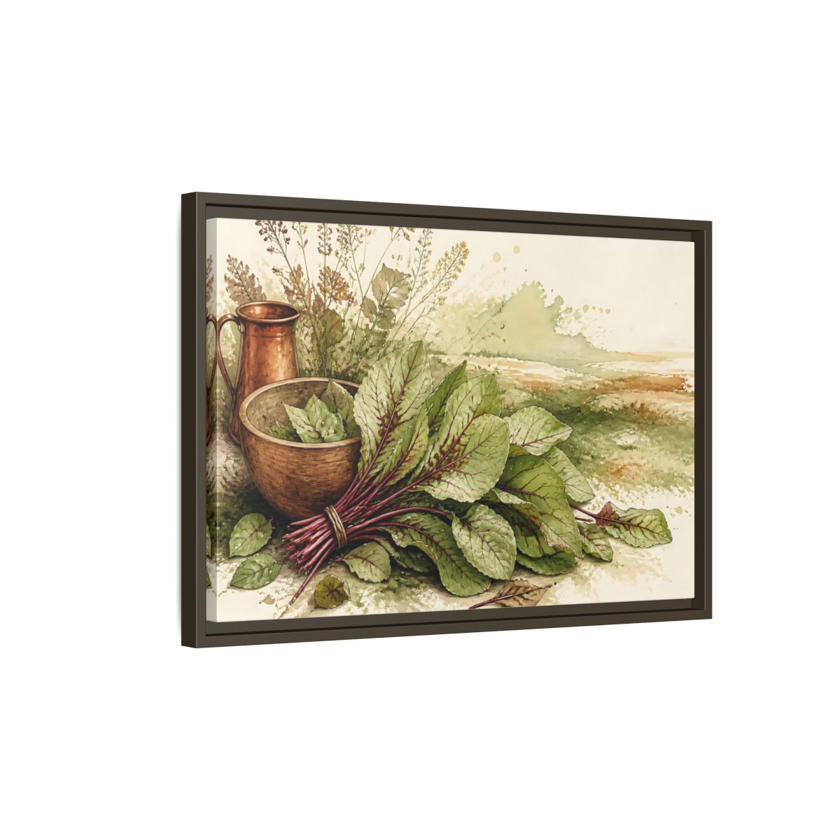 Side Mockup 2. Sorrel Leaves With Copper Bowl shown as framed canvas print