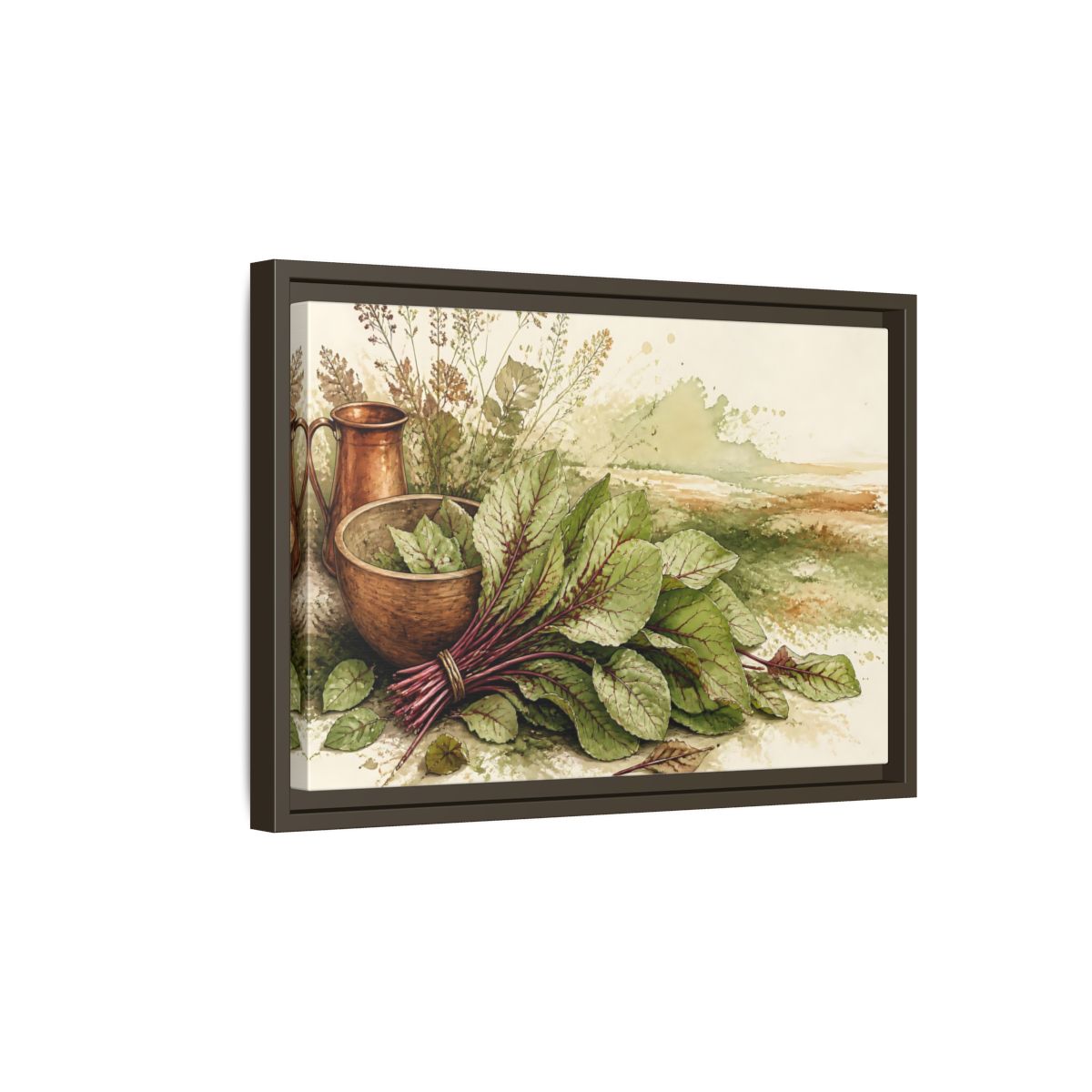 Side Mockup 5. Sorrel Leaves With Copper Bowl shown as framed canvas print