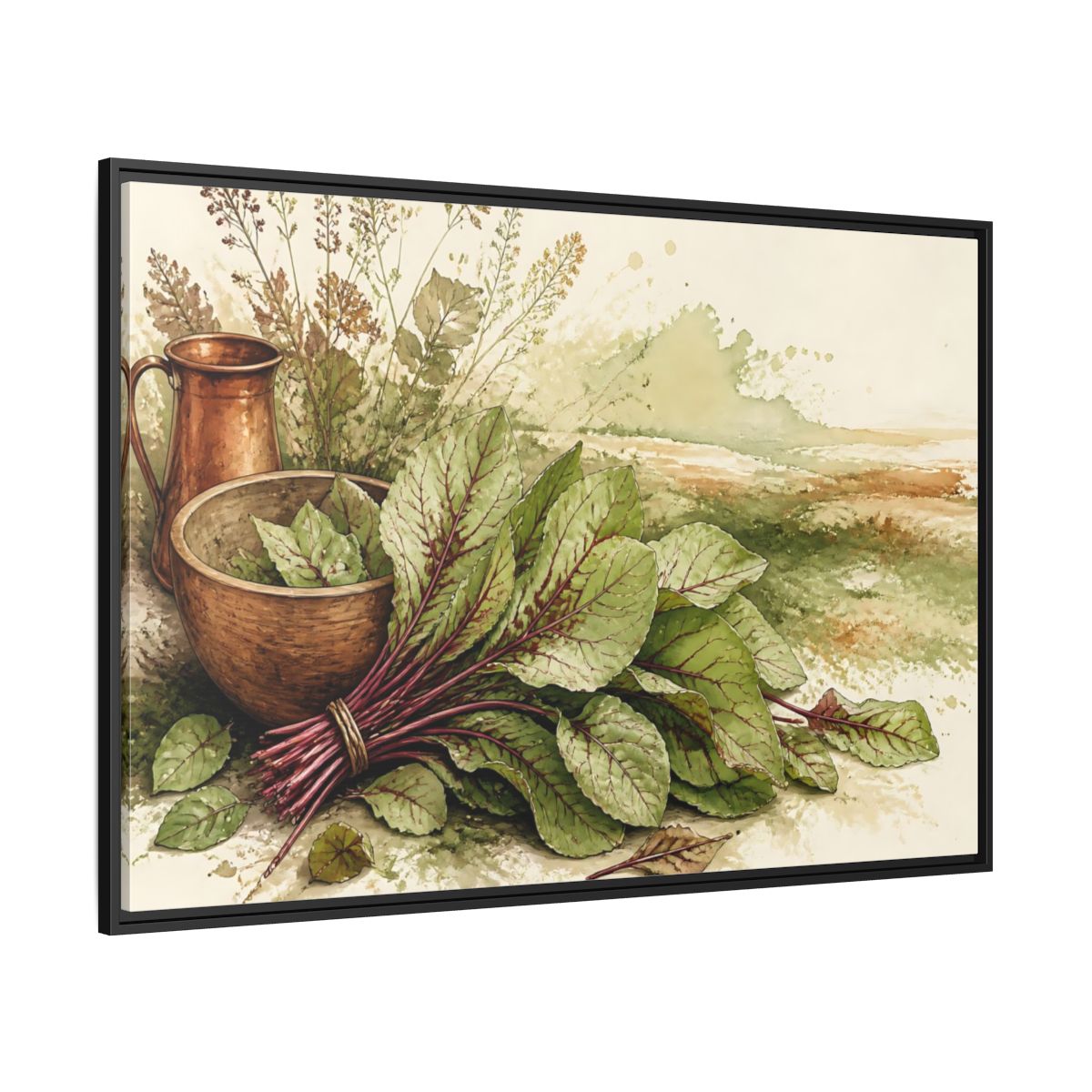 Side Mockup 12. Sorrel Leaves With Copper Bowl shown as framed canvas print