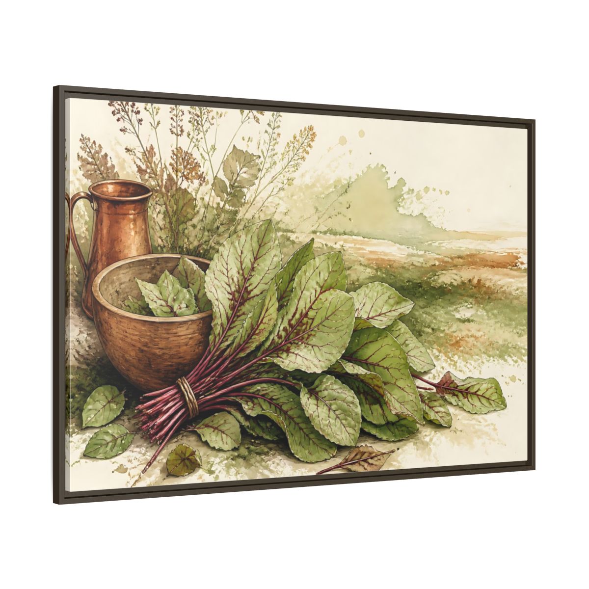 Side Mockup 8. Sorrel Leaves With Copper Bowl shown as framed canvas print