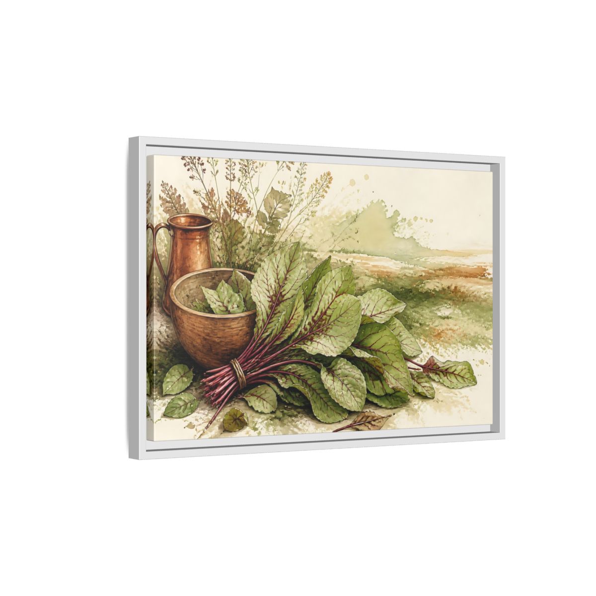 Side Mockup 1. Sorrel Leaves With Copper Bowl shown as framed canvas print