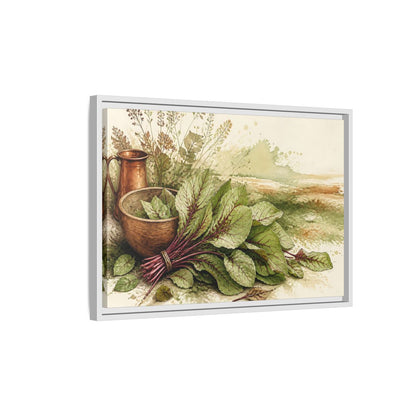 Side Mockup 1. Sorrel Leaves With Copper Bowl shown as framed canvas print
