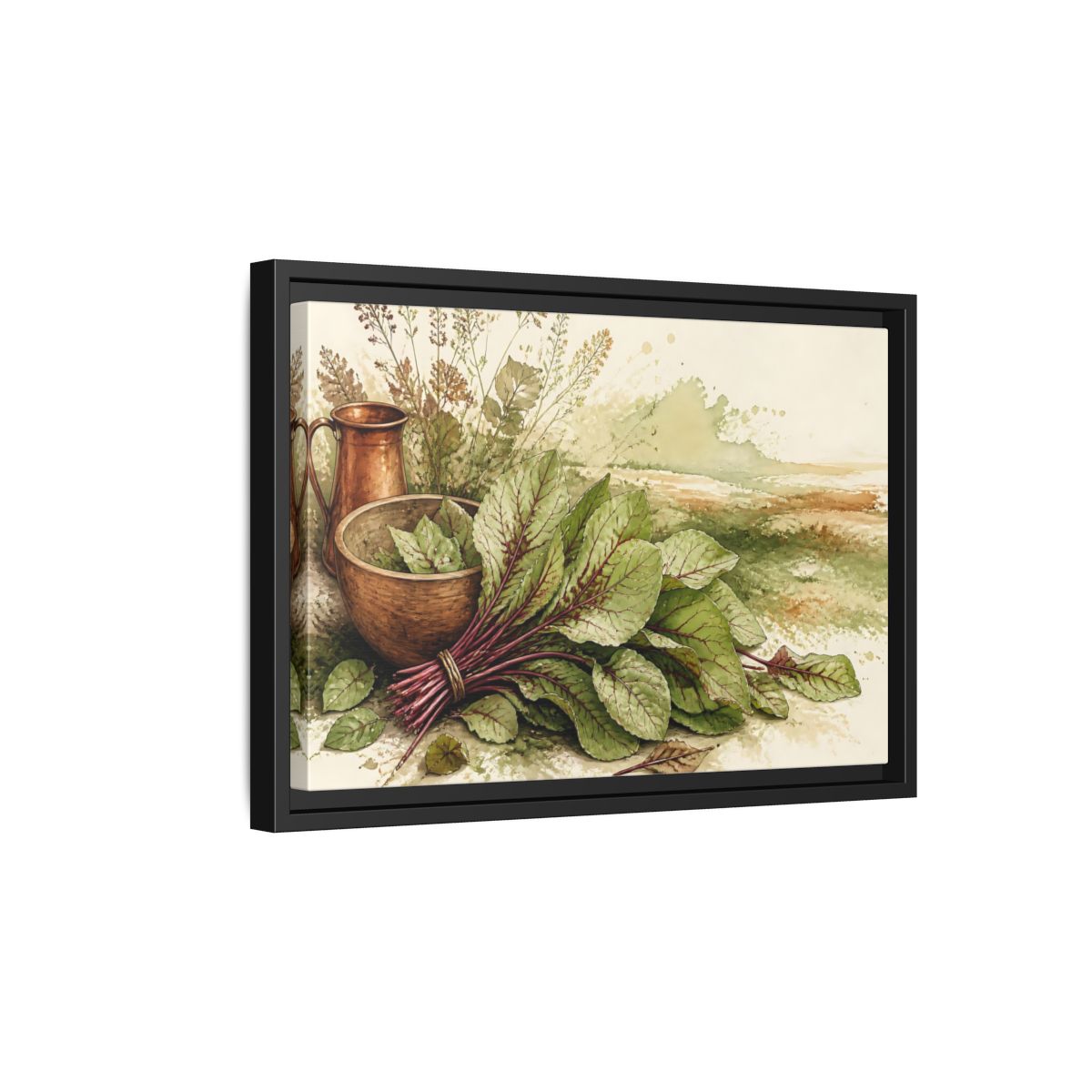 Side Mockup 6. Sorrel Leaves With Copper Bowl shown as framed canvas print