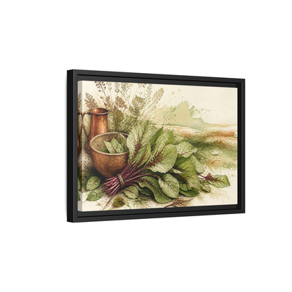Side Mockup 6. Sorrel Leaves With Copper Bowl shown as framed canvas print