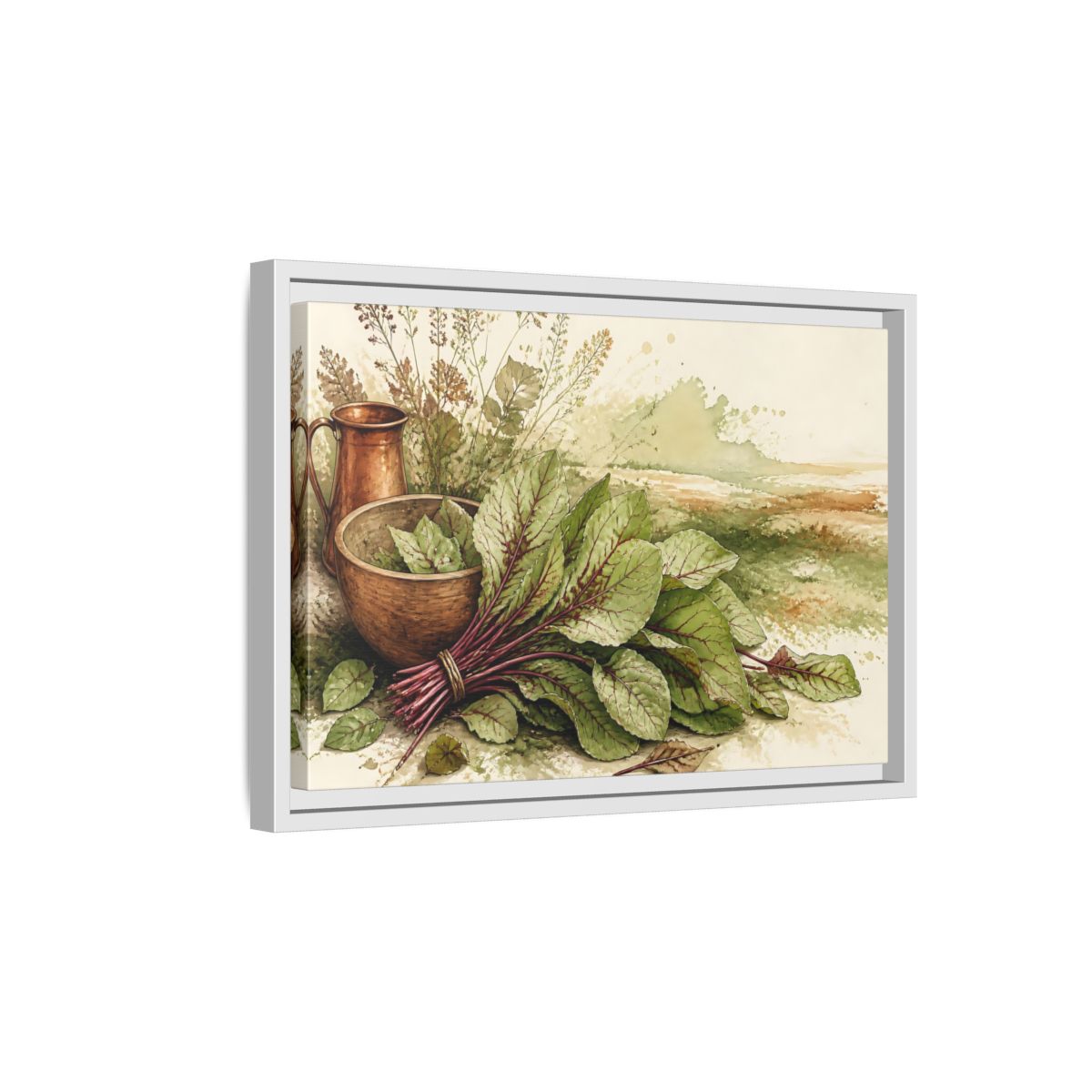 Side Mockup 4. Sorrel Leaves With Copper Bowl shown as framed canvas print