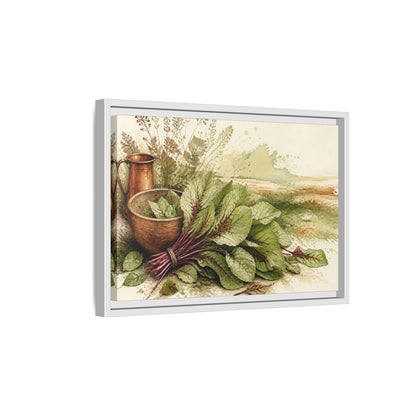 Side Mockup 4. Sorrel Leaves With Copper Bowl shown as framed canvas print