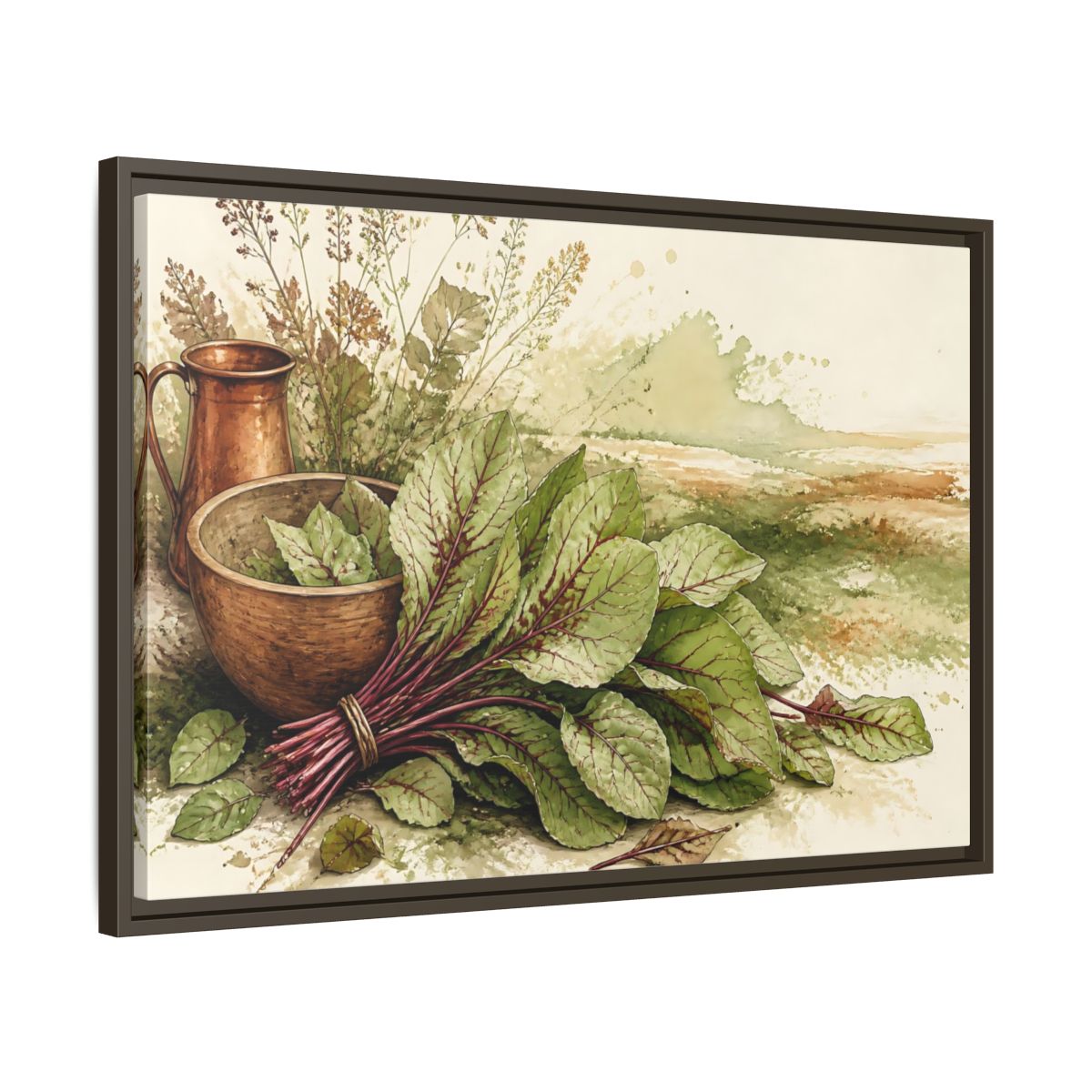 Side Mockup 11. Sorrel Leaves With Copper Bowl shown as framed canvas print