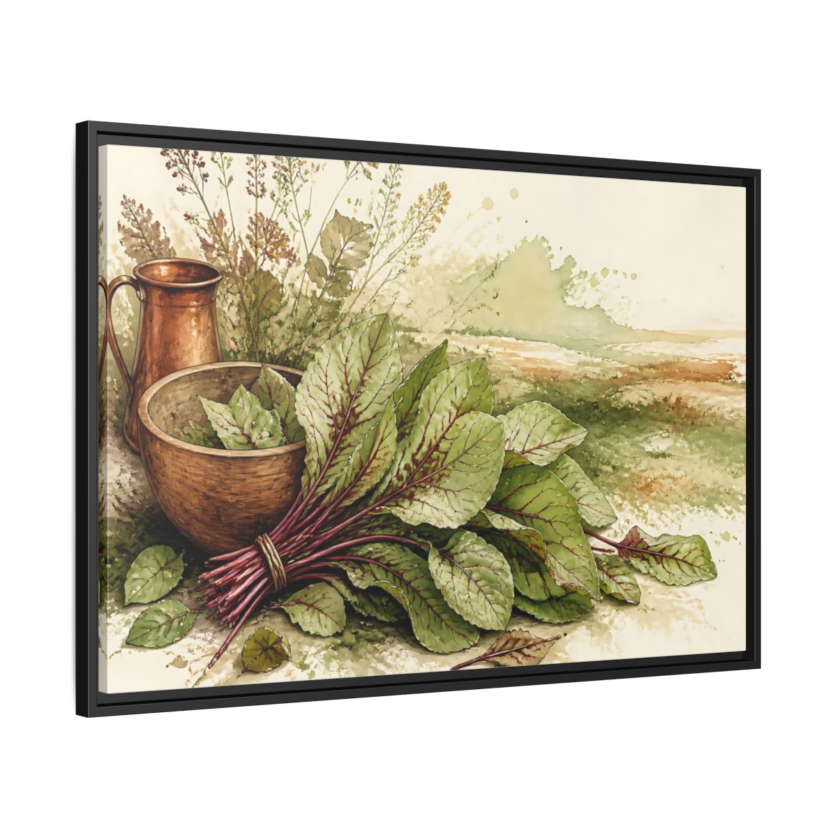 Side Mockup 13. Sorrel Leaves With Copper Bowl shown as framed canvas print