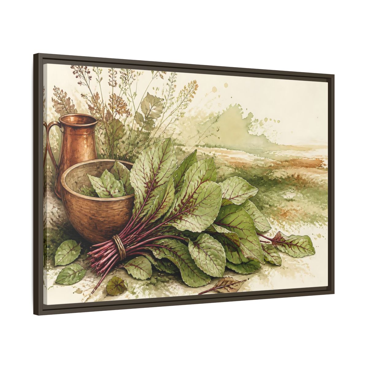 Main Mockup. Sorrel Leaves With Copper Bowl shown as framed canvas print
