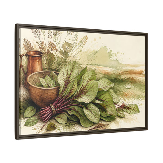 Main Mockup. Sorrel Leaves With Copper Bowl shown as framed canvas print