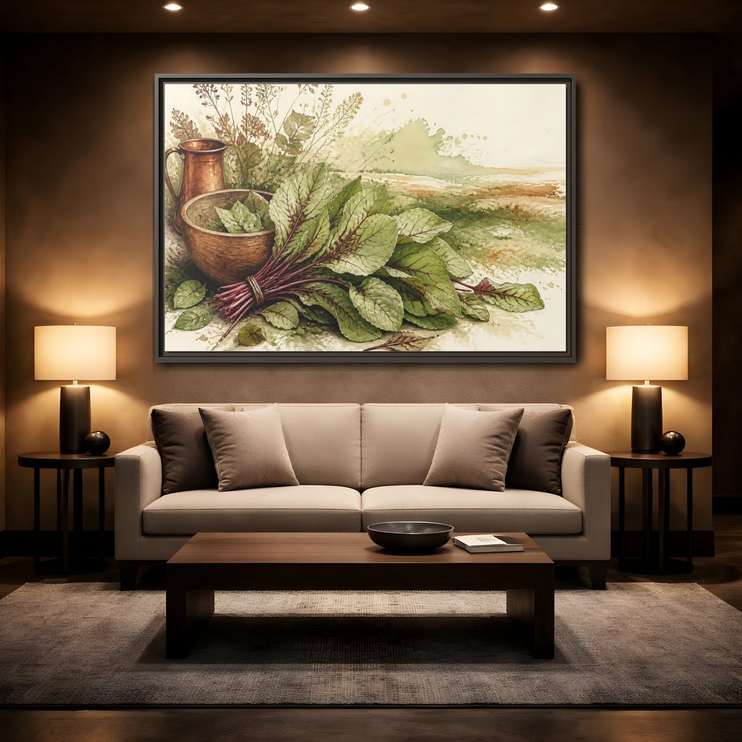 Mockup 2. Sorrel Leaves With Copper Bowl shown as framed canvas print