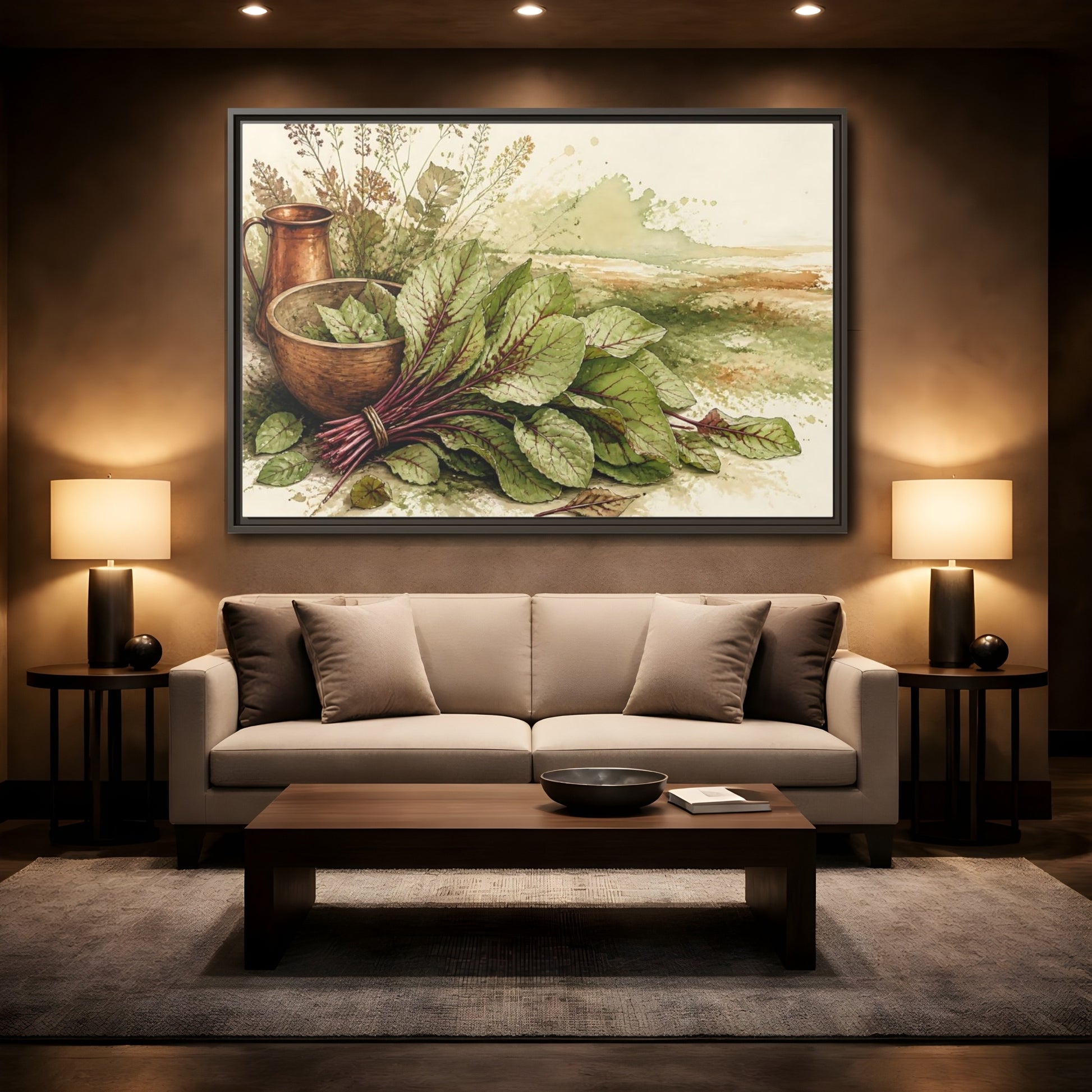 Mockup 2. Sorrel Leaves With Copper Bowl shown as framed canvas print