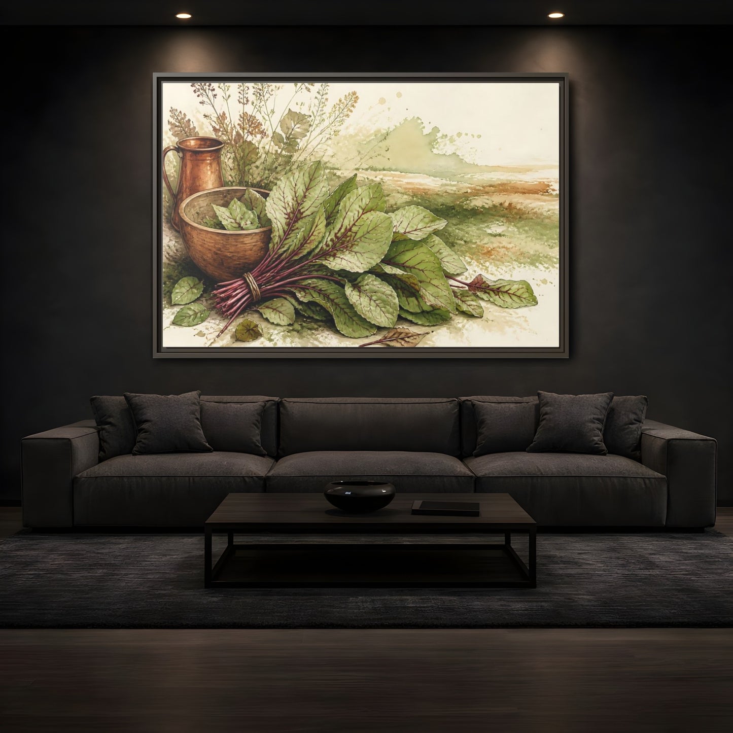 Mockup 3. Sorrel Leaves With Copper Bowl shown as framed canvas print