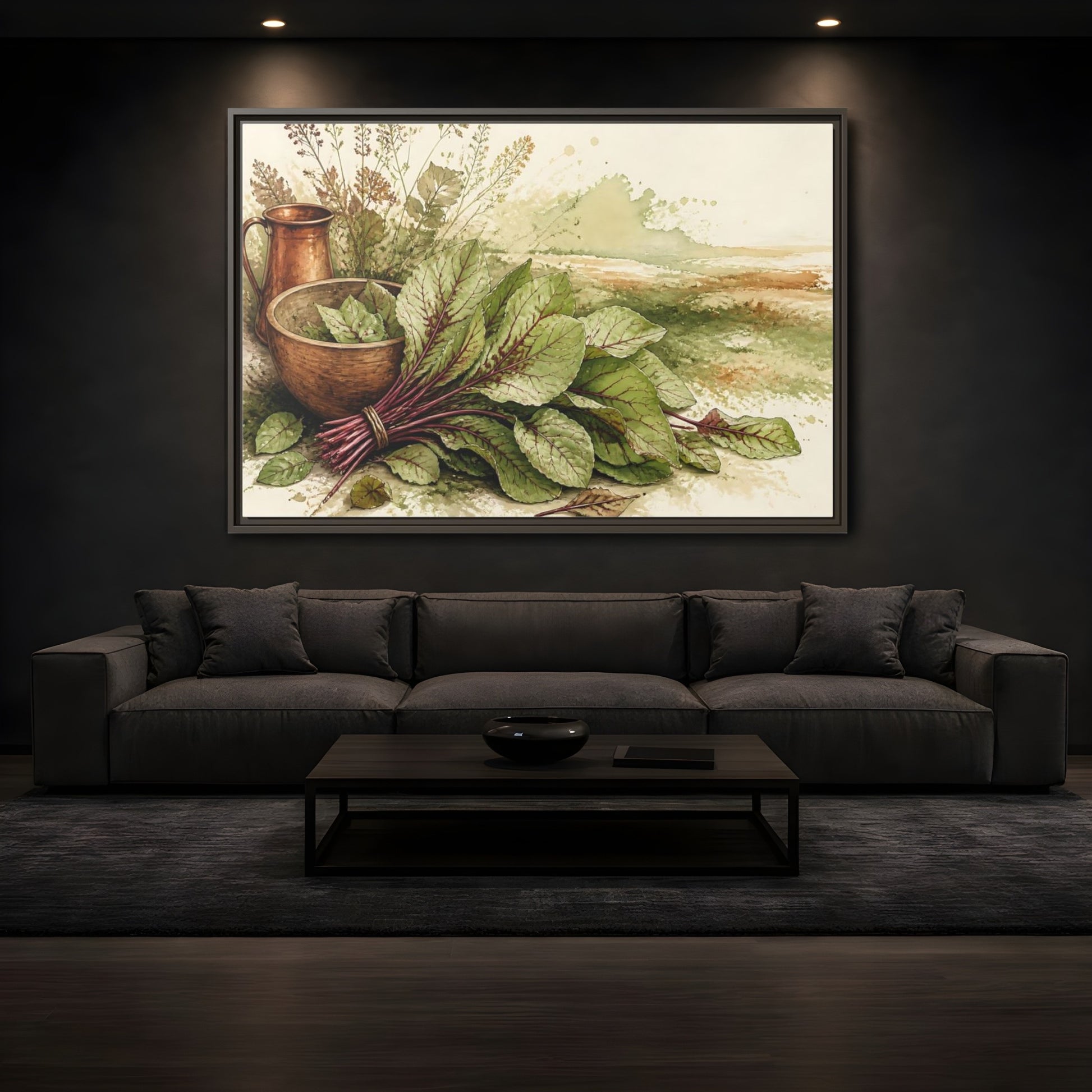 Mockup 3. Sorrel Leaves With Copper Bowl shown as framed canvas print