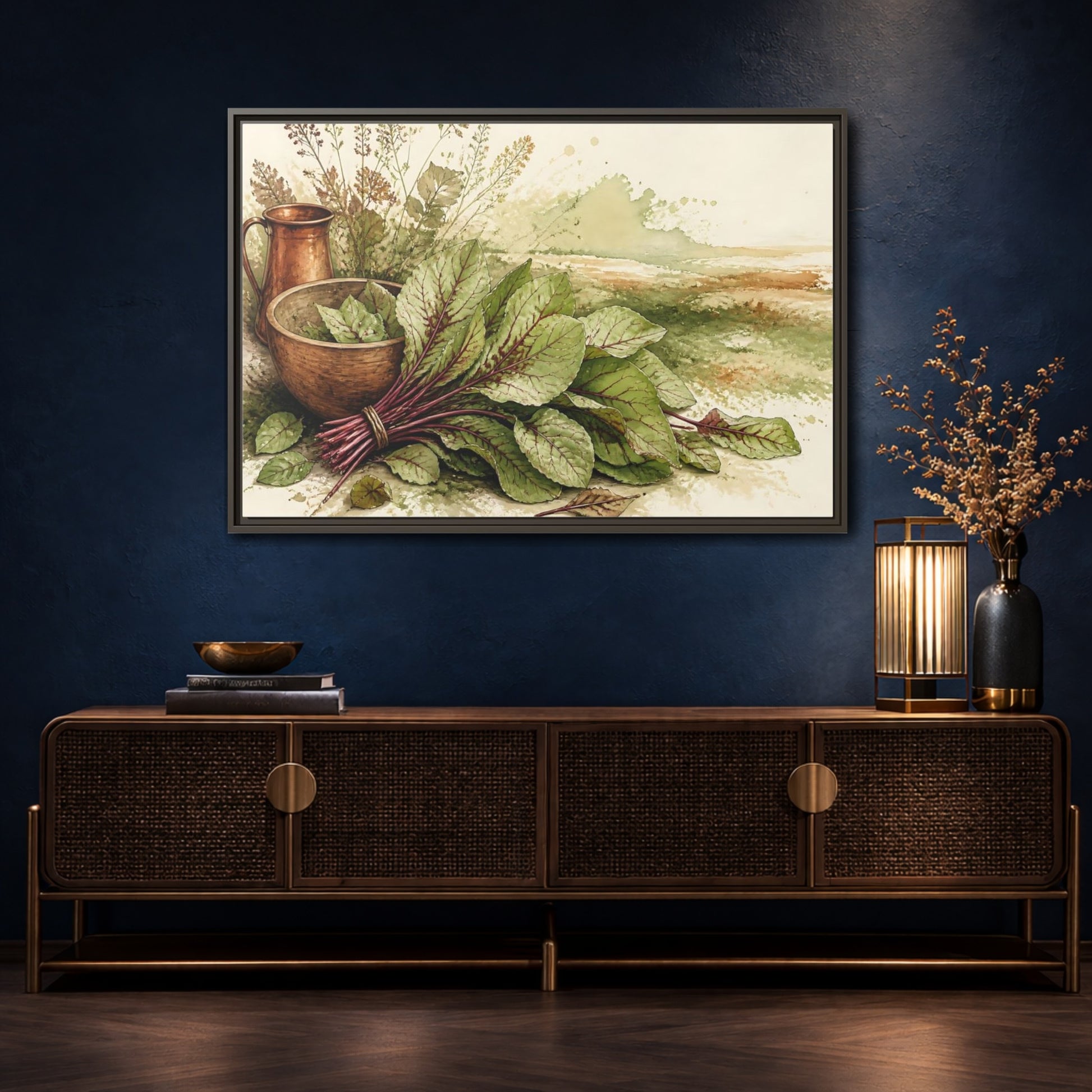 Mockup 4. Sorrel Leaves With Copper Bowl shown as framed canvas print
