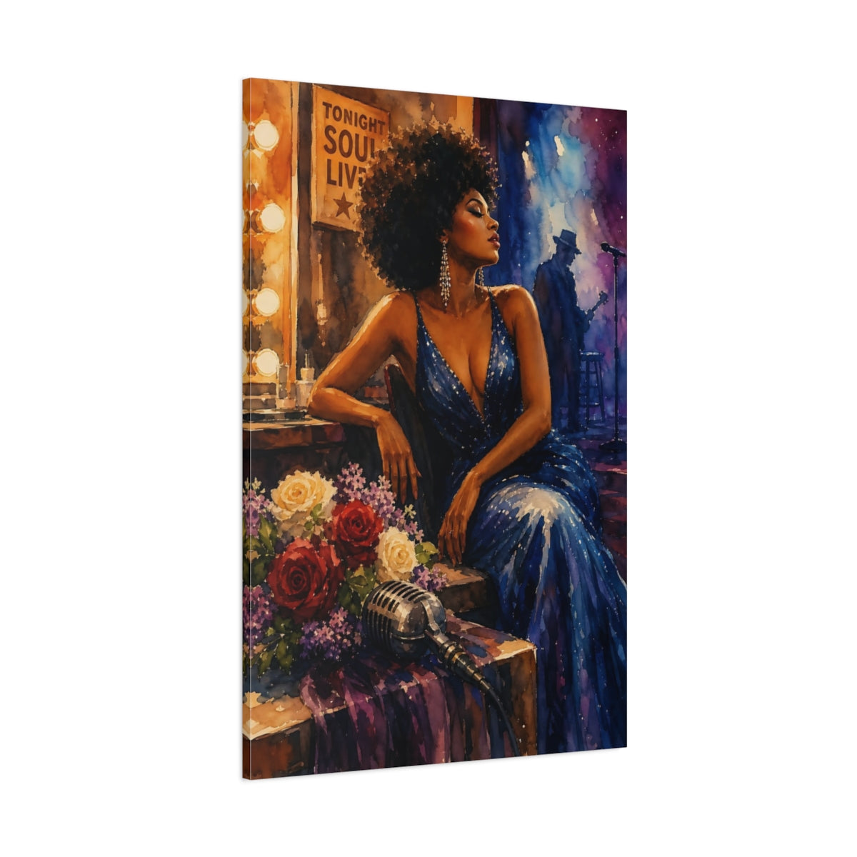 Side Mockup 1. Soulful Jazz Diva shown as canvas print