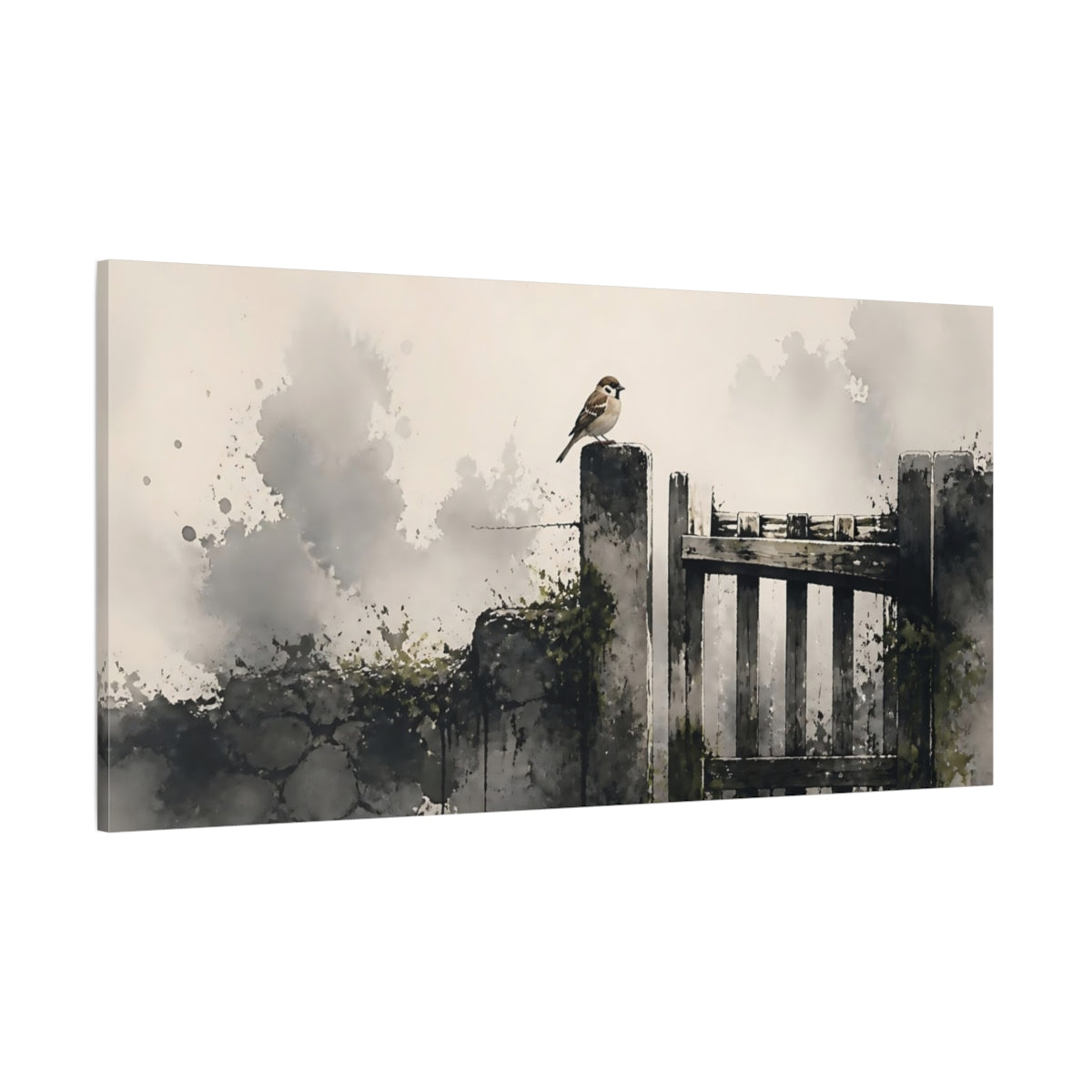 Side Mockup 2. Sparrow On Weathered Gate shown as canvas print