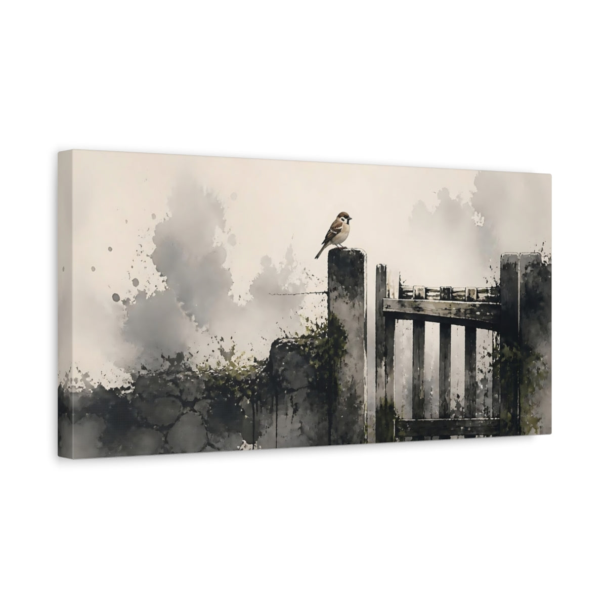 Side Mockup 3. Sparrow On Weathered Gate shown as canvas print