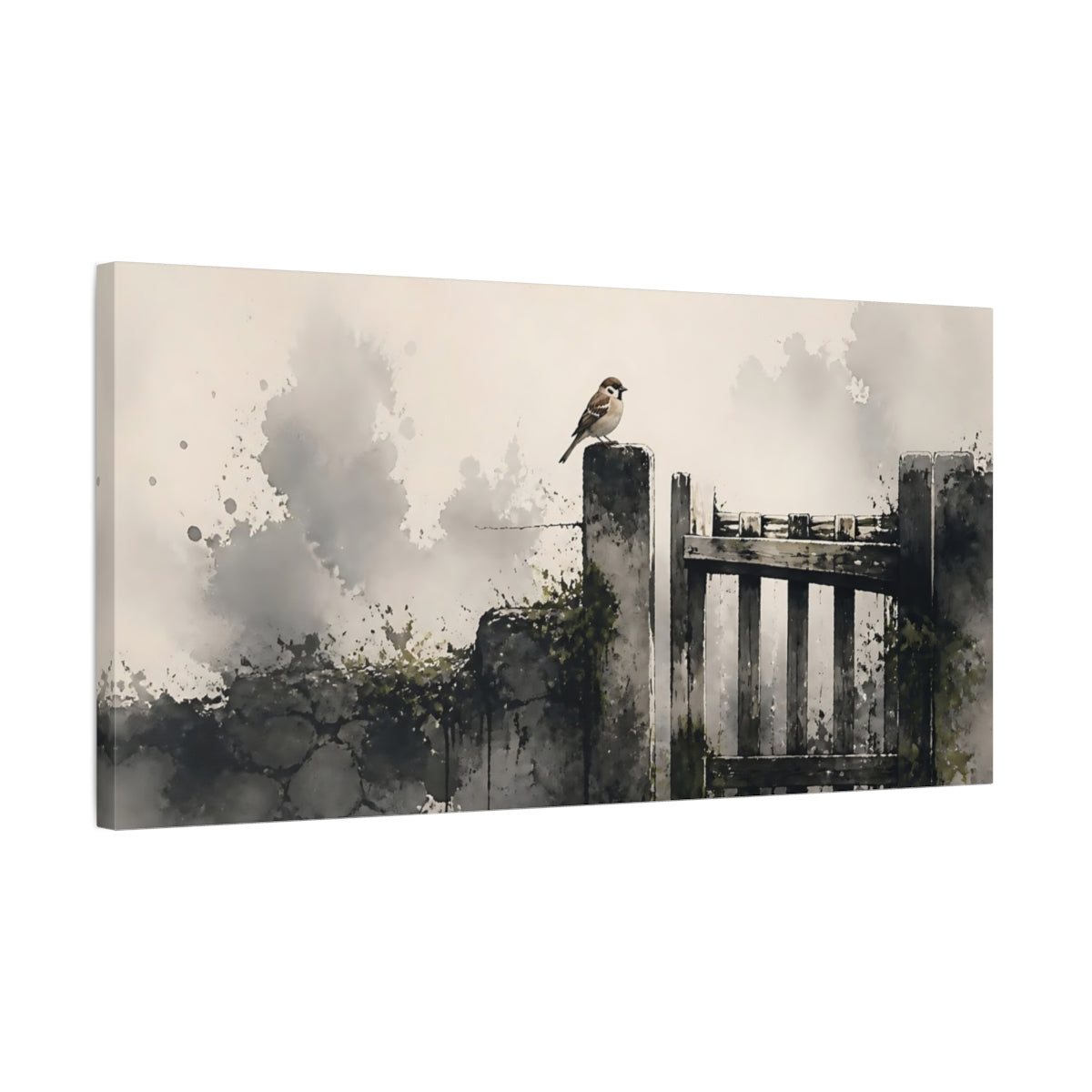 Side Mockup 1. Sparrow On Weathered Gate shown as canvas print