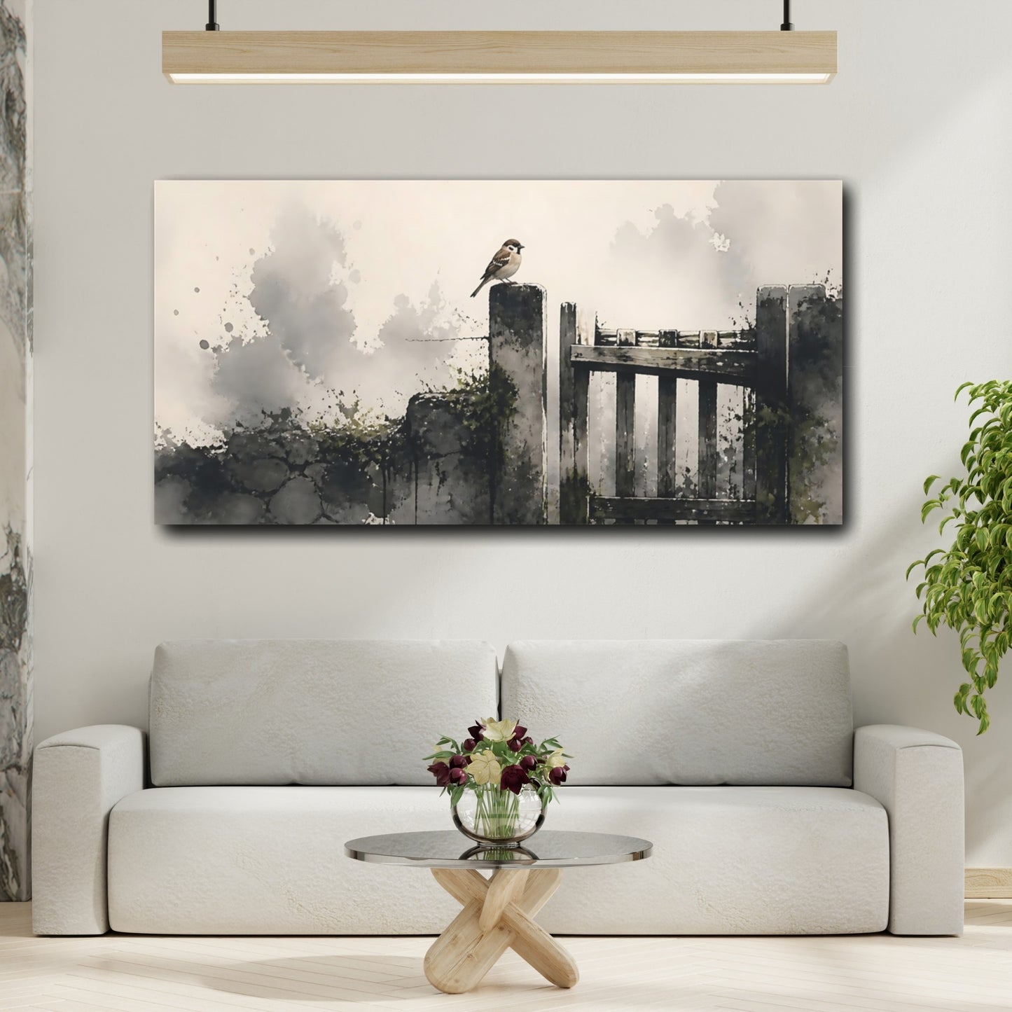 Mockup 2. Sparrow On Weathered Gate shown as canvas print