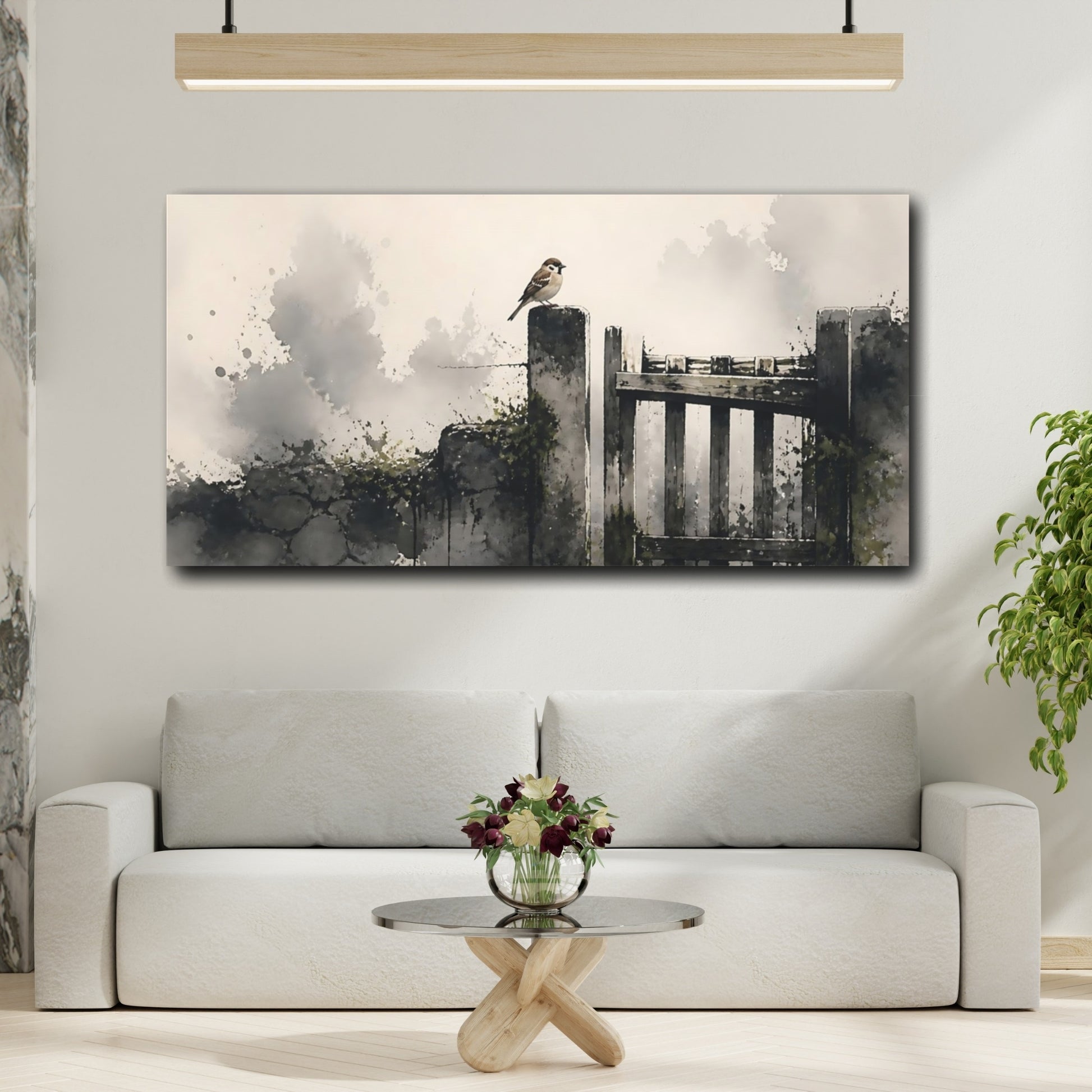 Mockup 2. Sparrow On Weathered Gate shown as canvas print