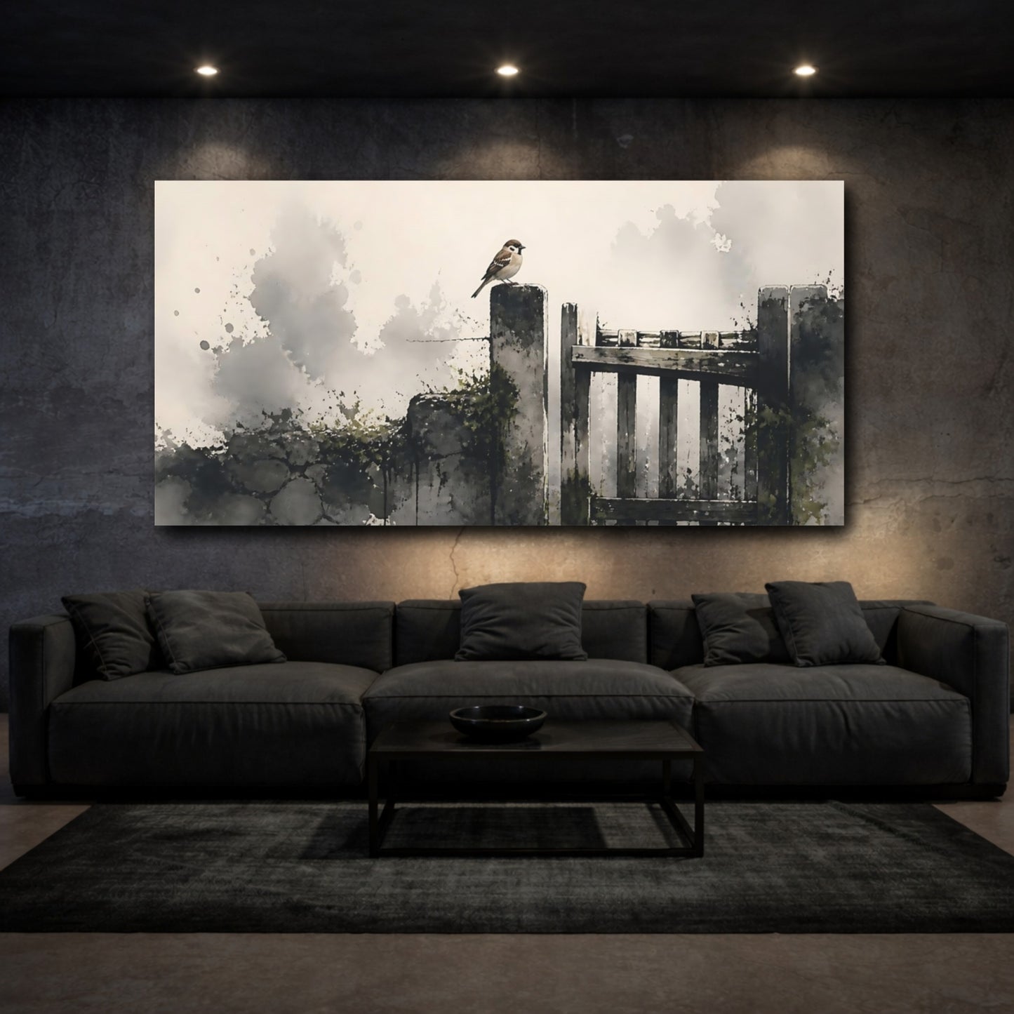 Mockup 3. Sparrow On Weathered Gate shown as canvas print