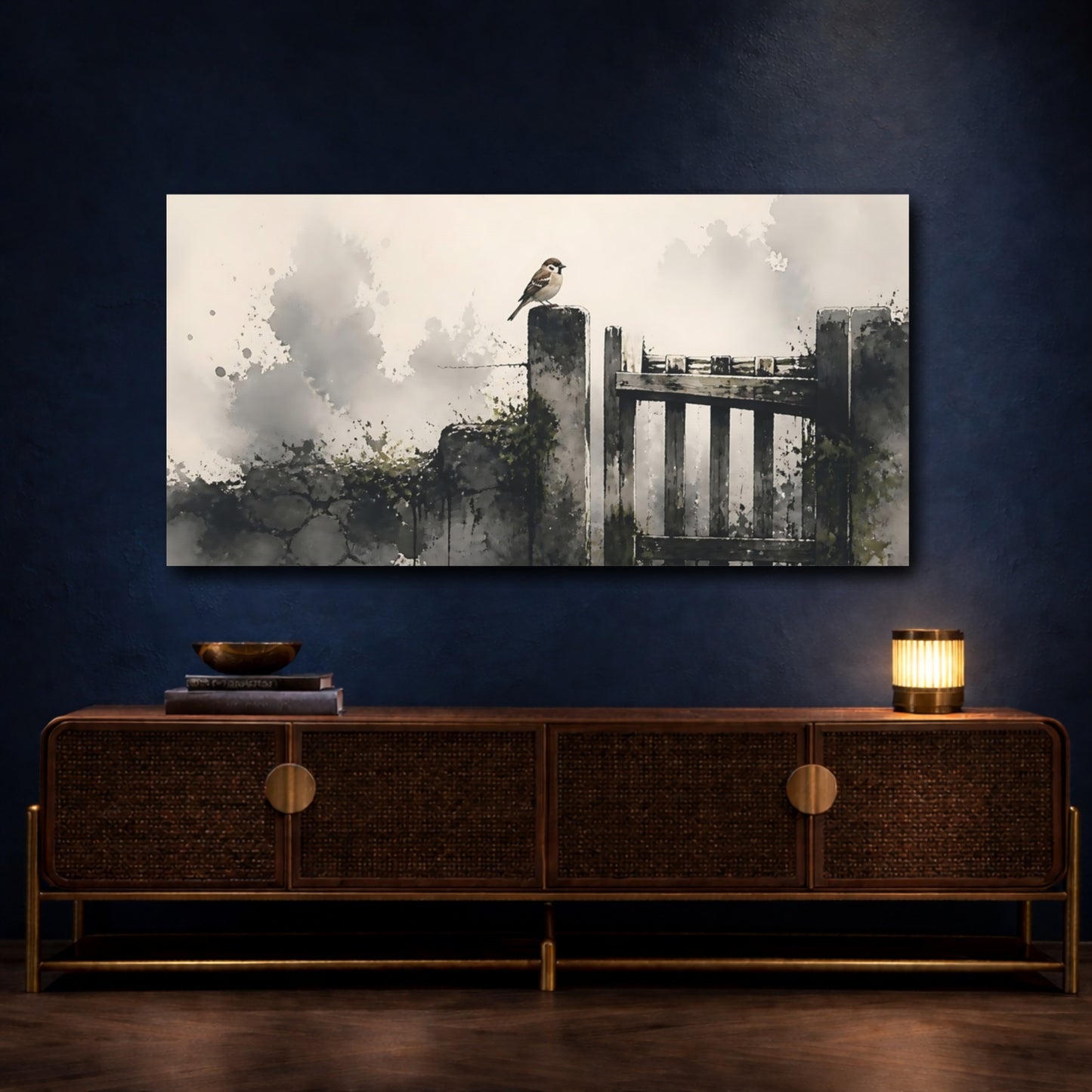 Mockup 4. Sparrow On Weathered Gate shown as canvas print