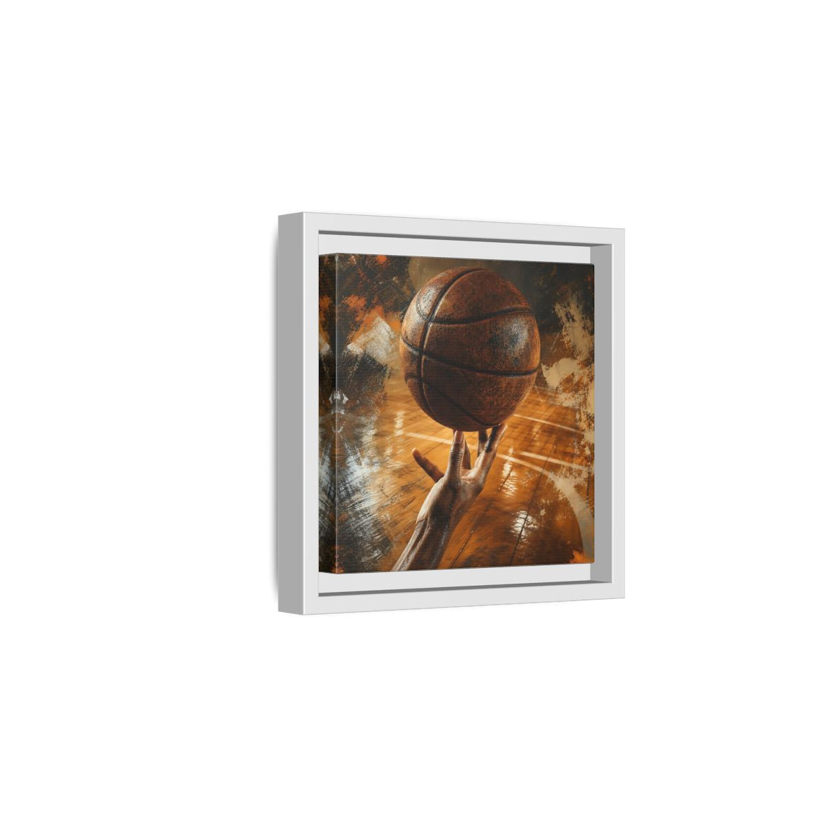 Side Mockup 1. Spinning Basketball Moment shown as framed canvas print