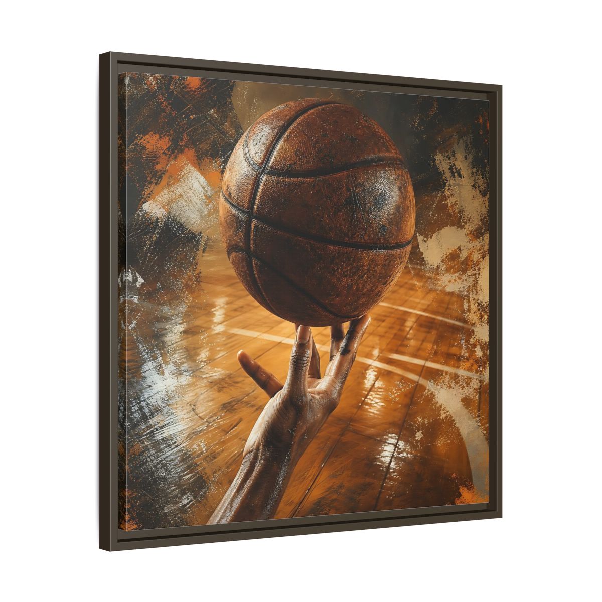 Side Mockup 27. Spinning Basketball Moment shown as framed canvas print