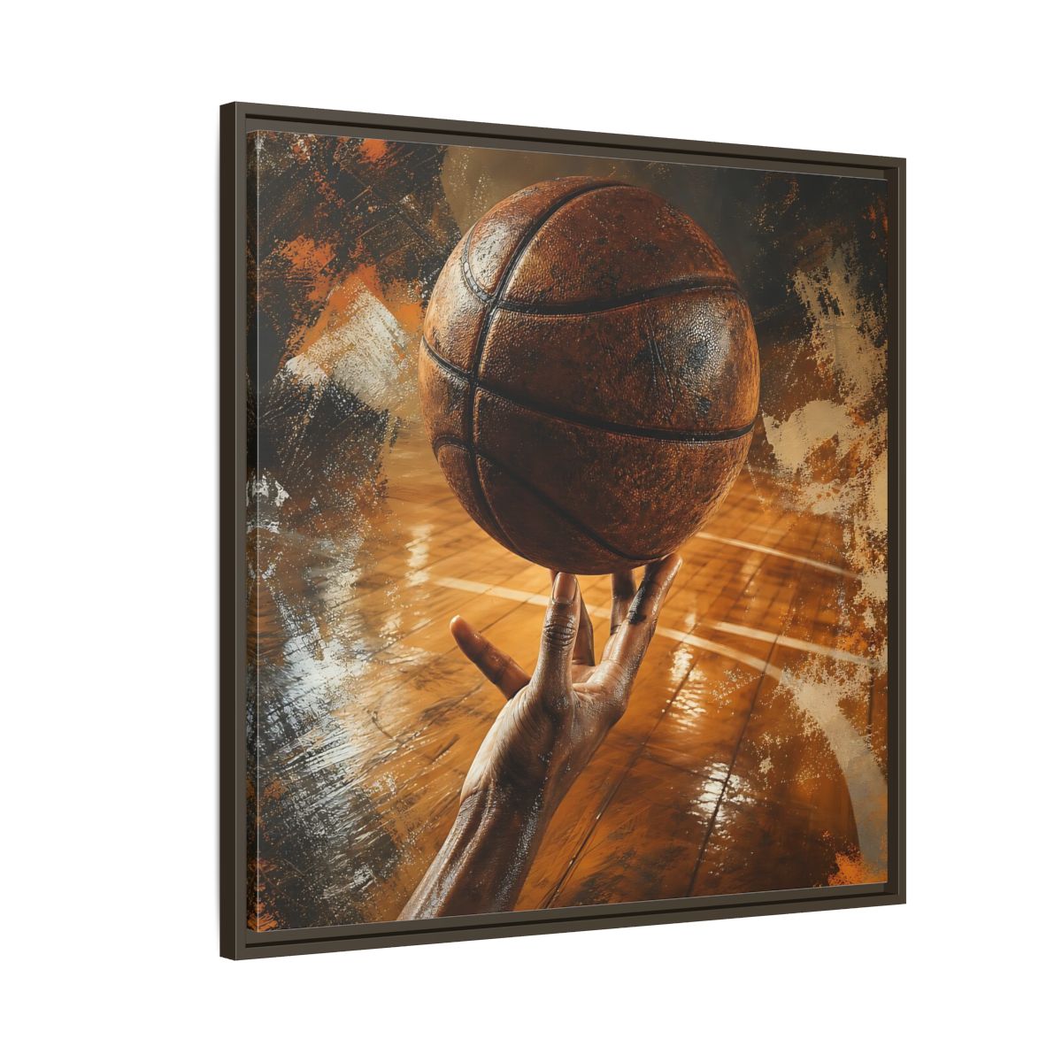Side Mockup 8. Spinning Basketball Moment shown as framed canvas print