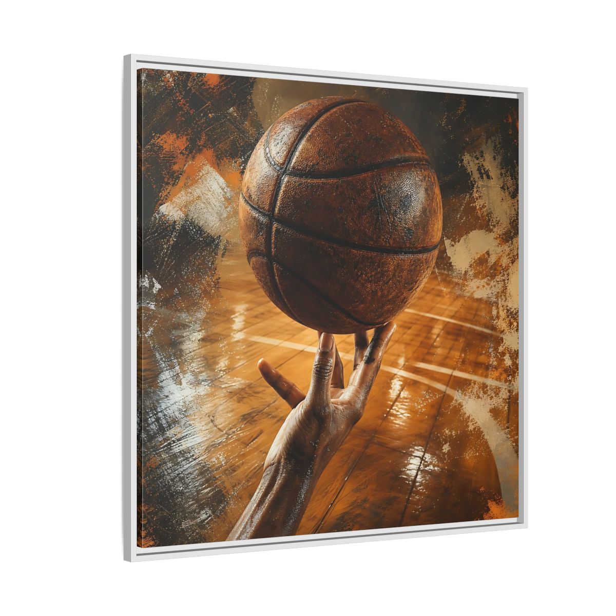 Side Mockup 4. Spinning Basketball Moment shown as framed canvas print