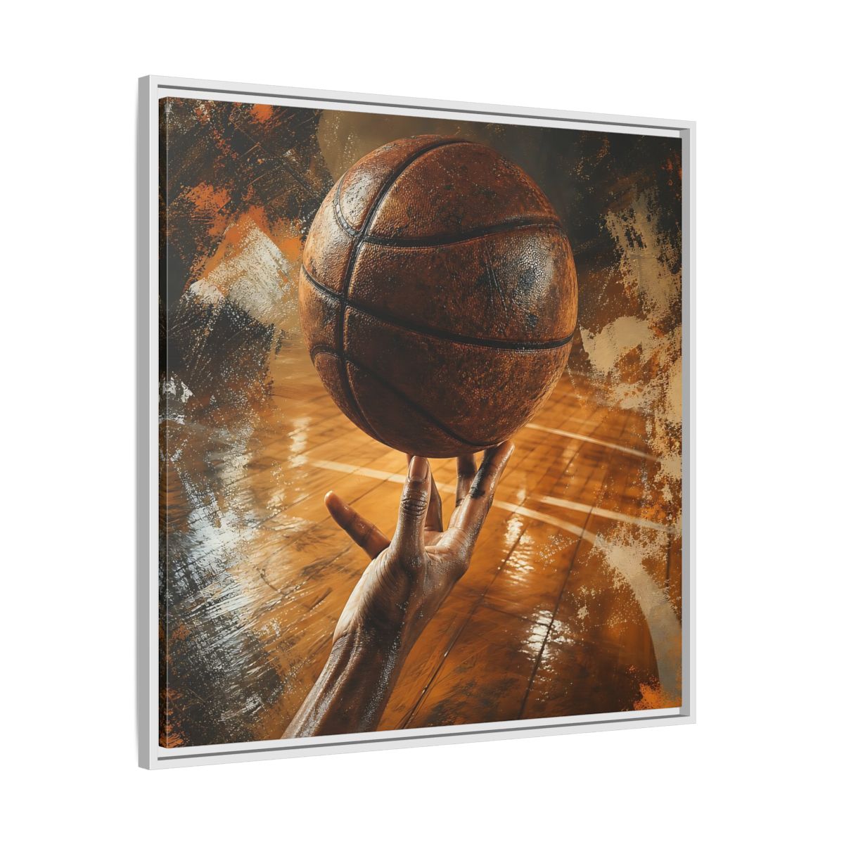 Side Mockup 25. Spinning Basketball Moment shown as framed canvas print