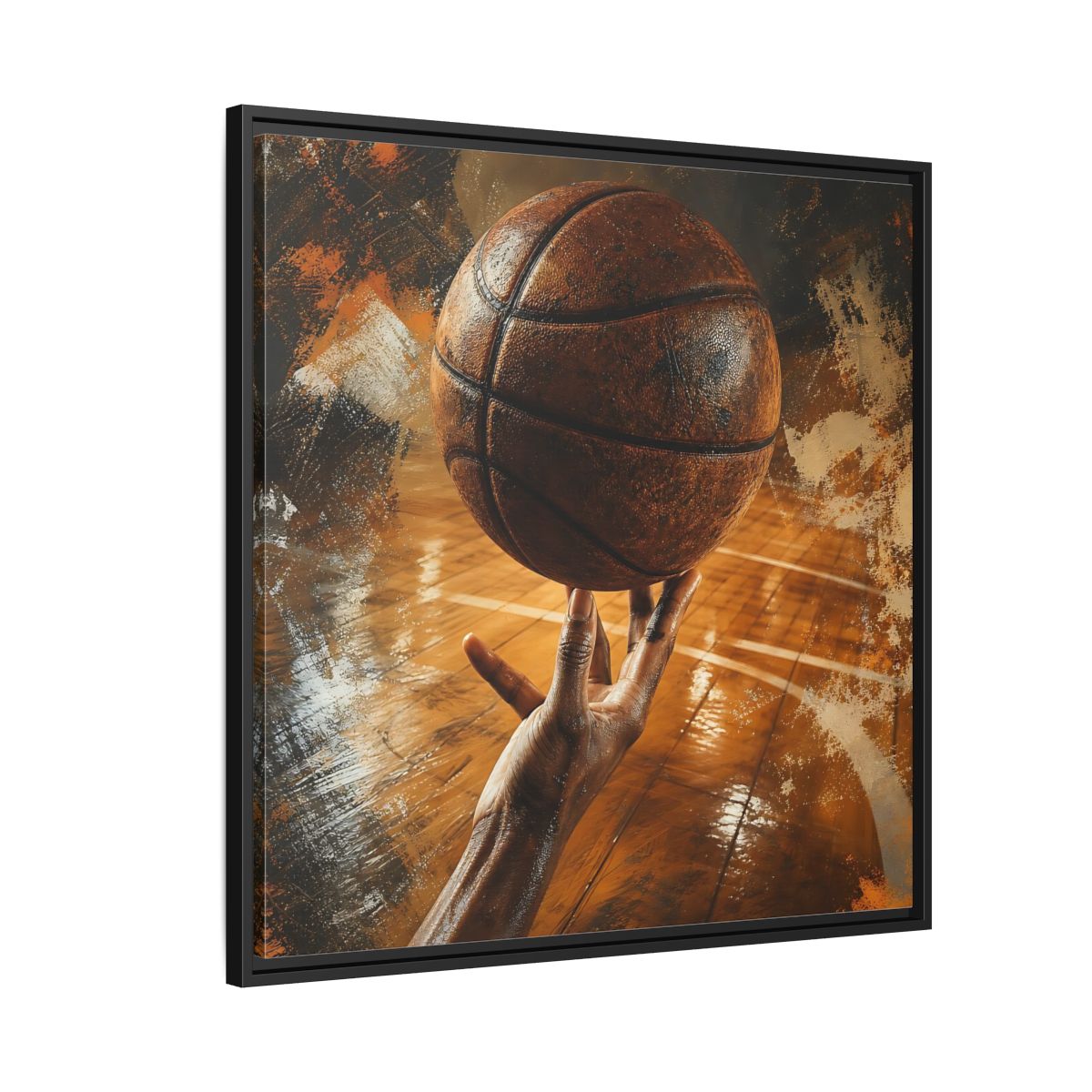 Side Mockup 9. Spinning Basketball Moment shown as framed canvas print
