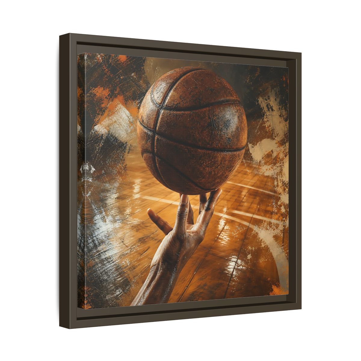 Side Mockup 29. Spinning Basketball Moment shown as framed canvas print