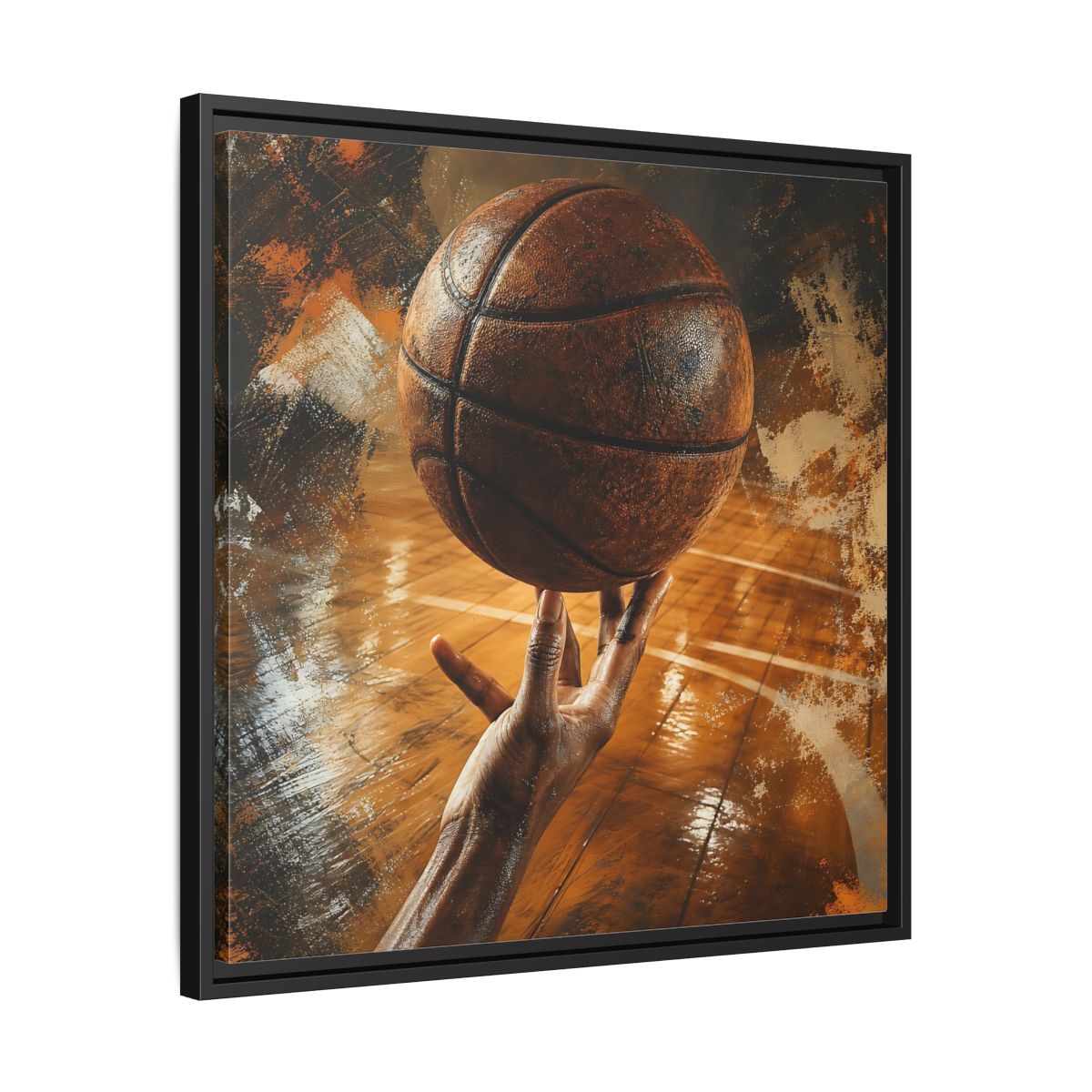 Side Mockup 31. Spinning Basketball Moment shown as framed canvas print