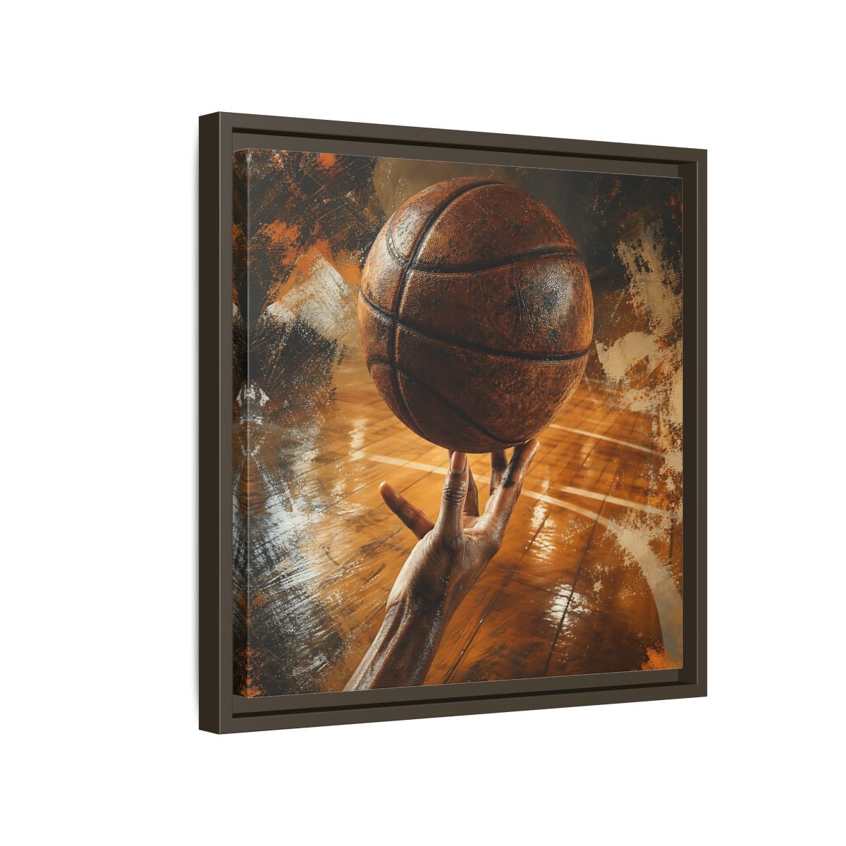 Side Mockup 14. Spinning Basketball Moment shown as framed canvas print