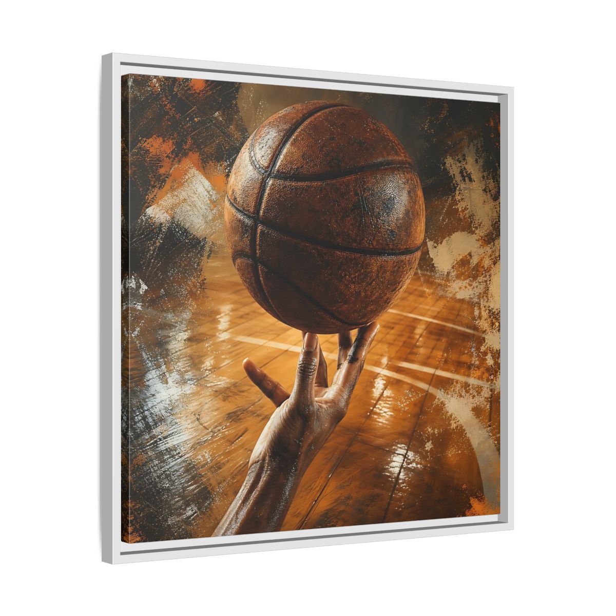 Side Mockup 26. Spinning Basketball Moment shown as framed canvas print