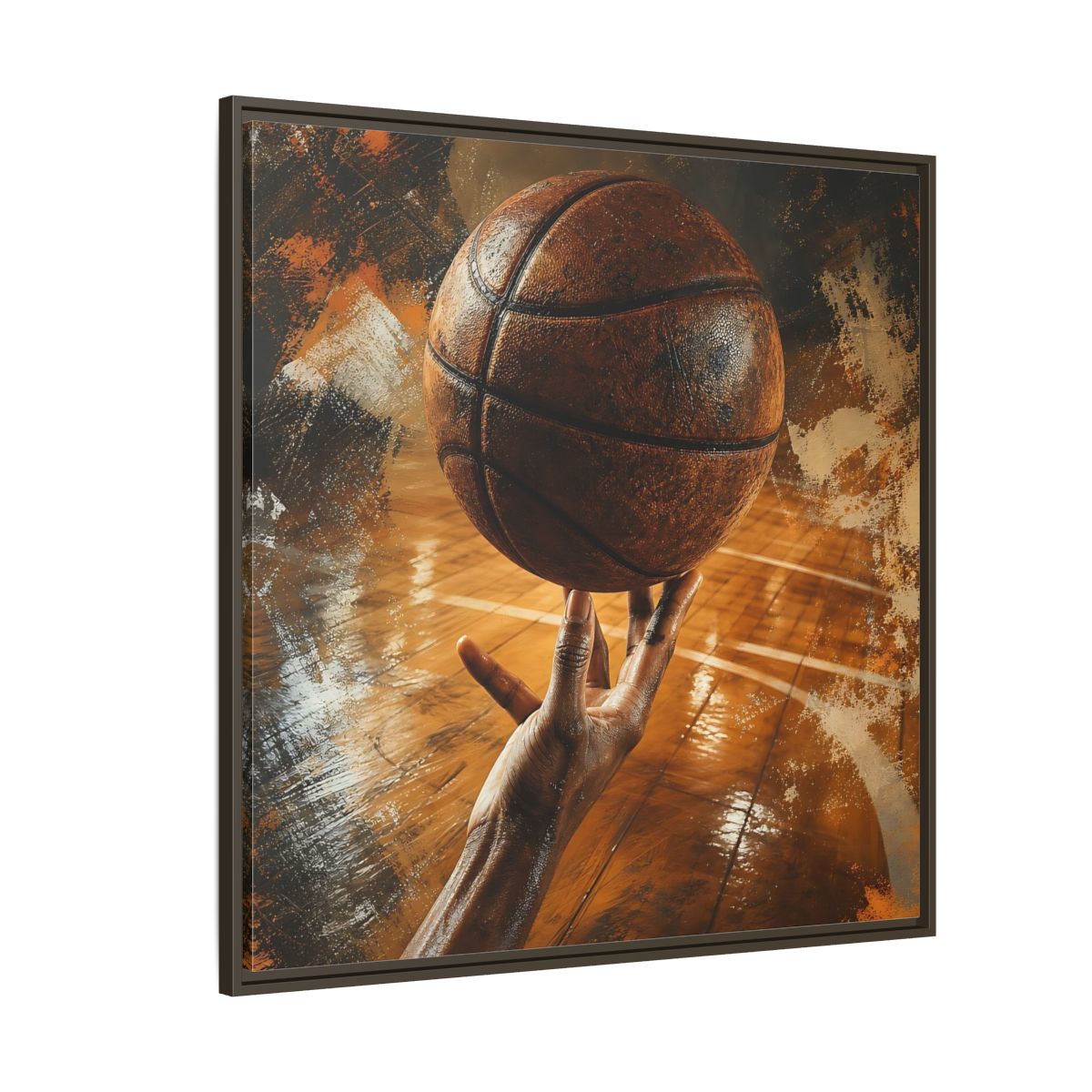 Side Mockup 5. Spinning Basketball Moment shown as framed canvas print