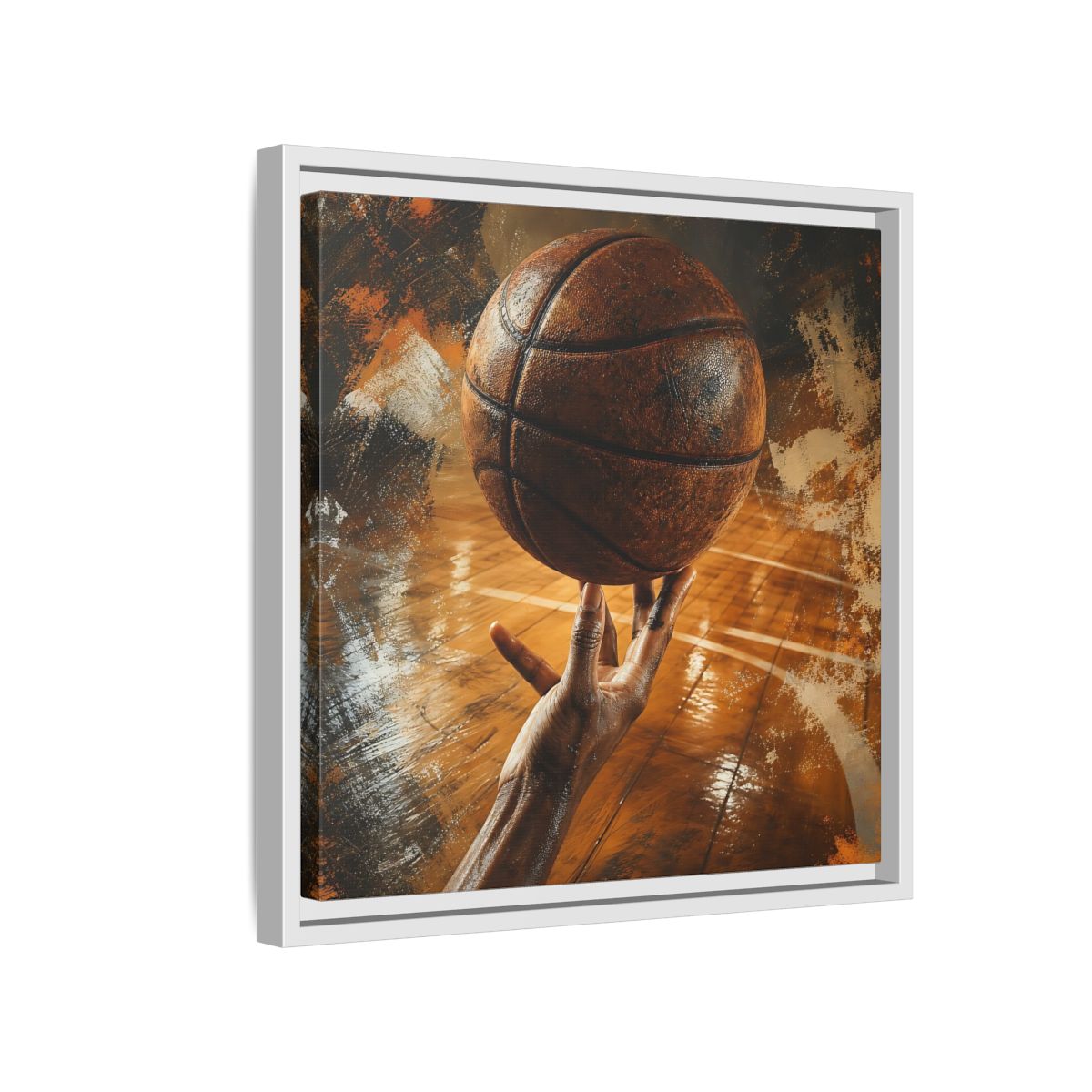 Side Mockup 13. Spinning Basketball Moment shown as framed canvas print