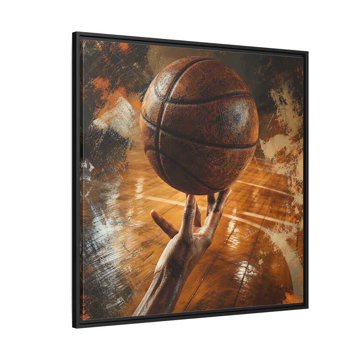 Side Mockup 6. Spinning Basketball Moment shown as framed canvas print