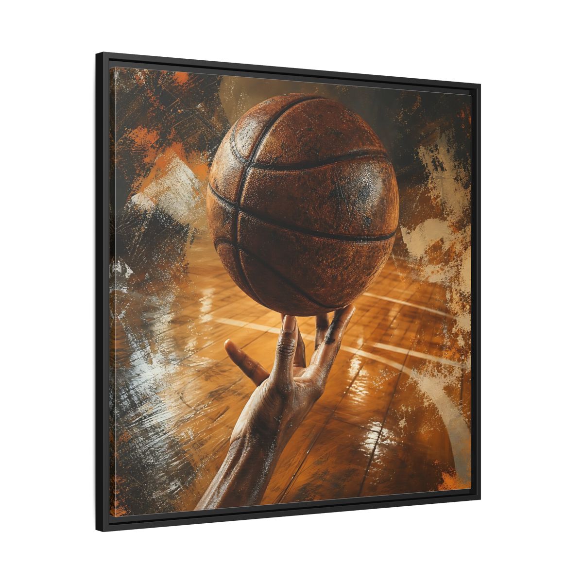 Side Mockup 30. Spinning Basketball Moment shown as framed canvas print