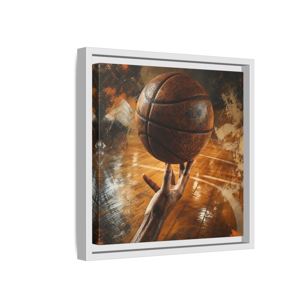 Side Mockup 16. Spinning Basketball Moment shown as framed canvas print