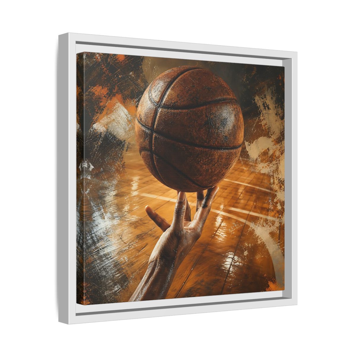 Side Mockup 28. Spinning Basketball Moment shown as framed canvas print